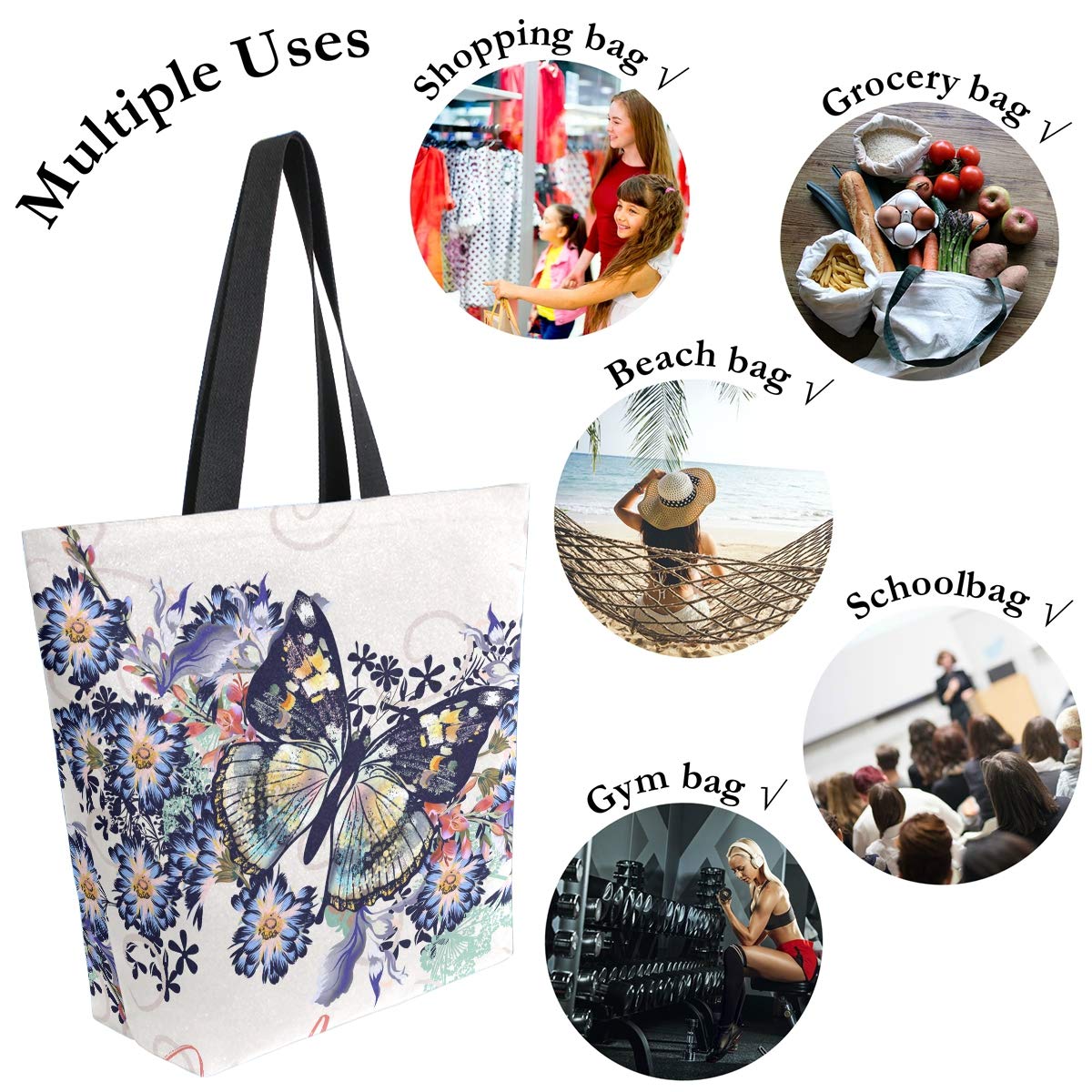 Naanle Floral Butterfly Canvas Tote Bag Large Women Casual Shoulder Bag Handbag, Floral Butterfly Reusable Multipurpose Heavy Du