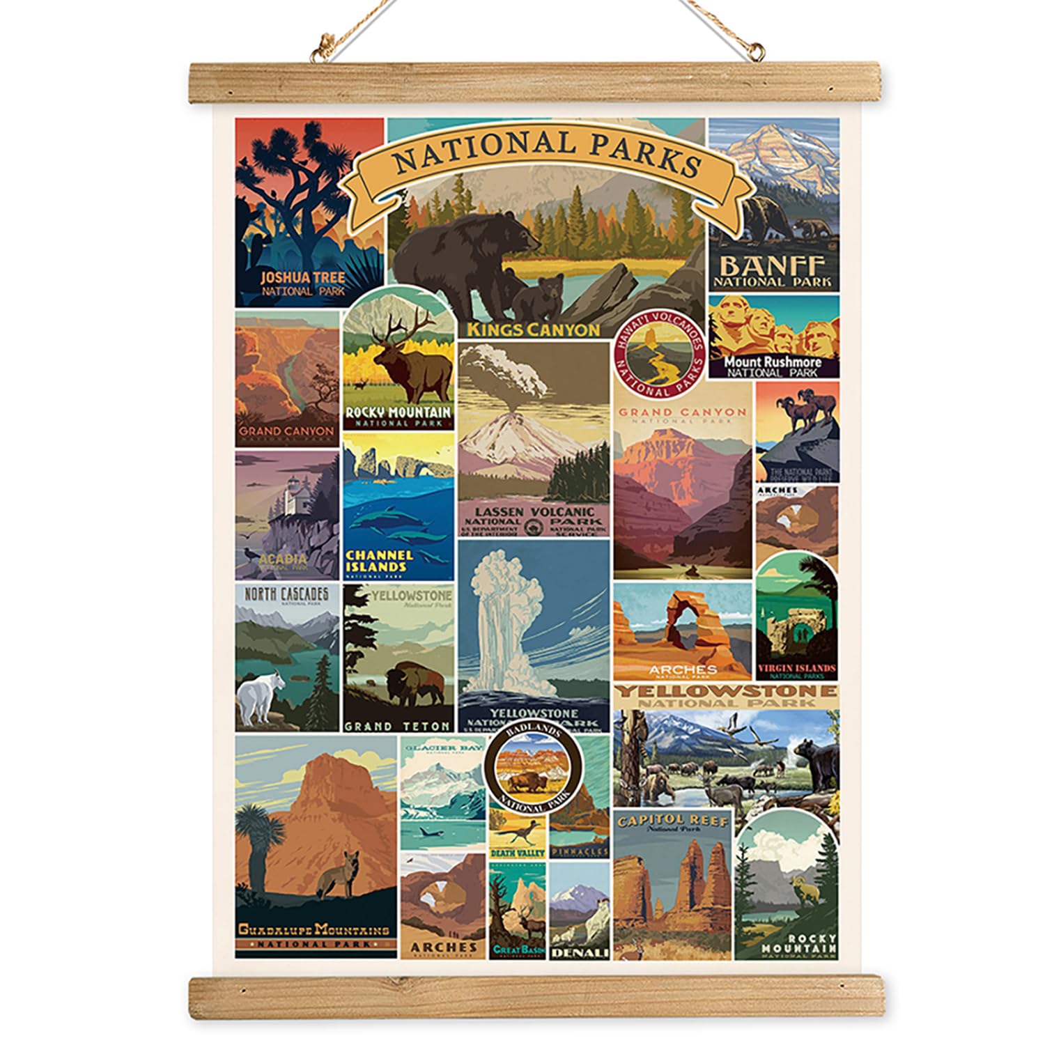 Comprehensive National Parks Display: Poster Highlights A Collection Of Usa National Parks; Each Represented By A Unique And Col