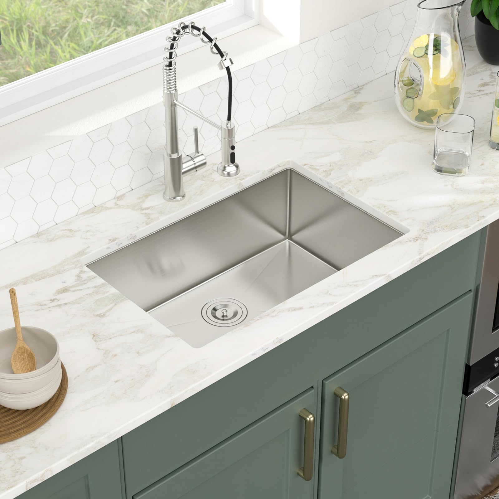 Logmey 27 Inch Undermount Kitchen Sink - 27X18 In Handmade Stainless Steel Kitchen Sinks 16 Gauge 9 Inch Deep Single Bowl Sinks