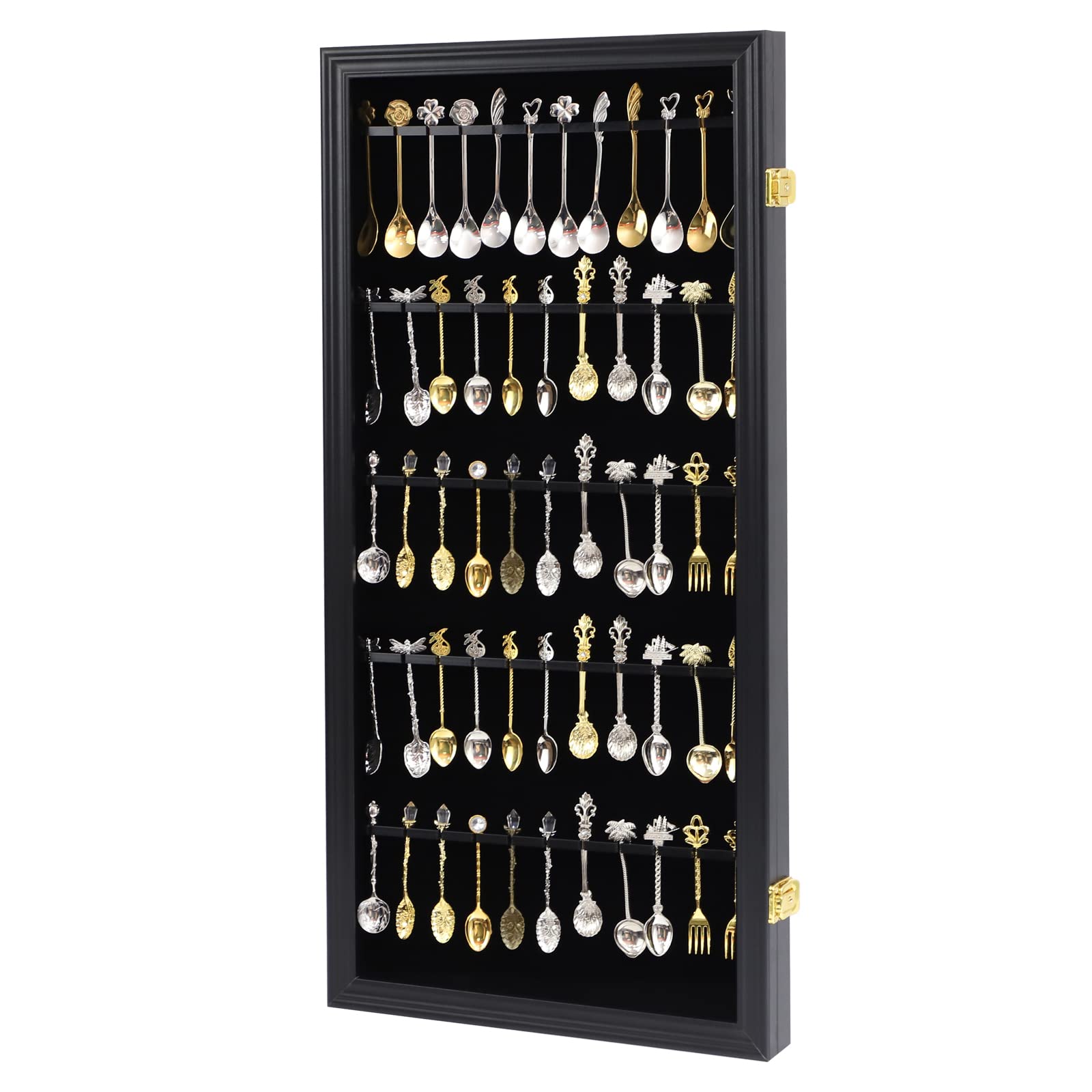 Comsrev 60 Souvenir Tea Spoon Display Case Collection Collector Rack Wall Mount Wooden W/98% Uv Acrylic Door Lockable(Black)