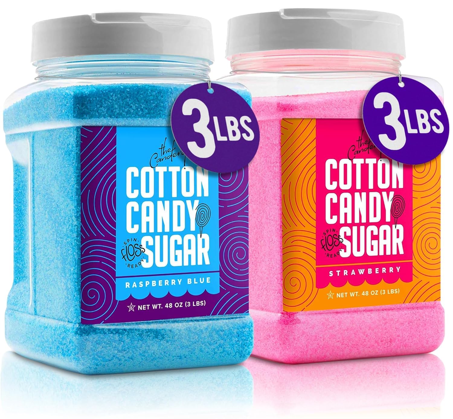 The Candery Cotton Candy Floss Sugar (2-Pack) Includes | Raspberry Blue And Strawberry | Plastic, Reusable Jars | Easy Pour Spou