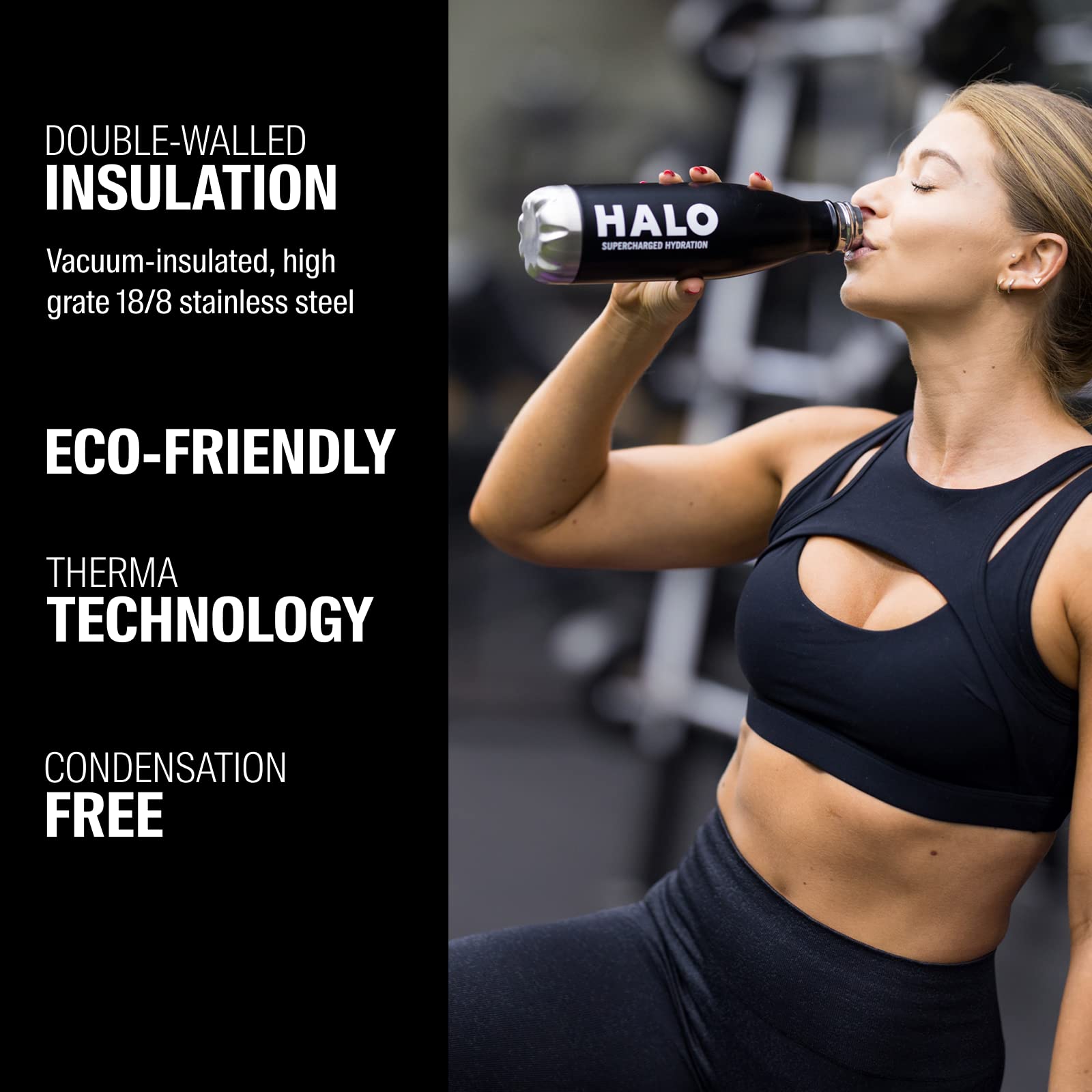 Halo Hydration Aluminum Bottle - 500Ml, Matte Black, Double-Walled, Stainless Steel With Copper Insulating, Vacuum Bottle. Leak