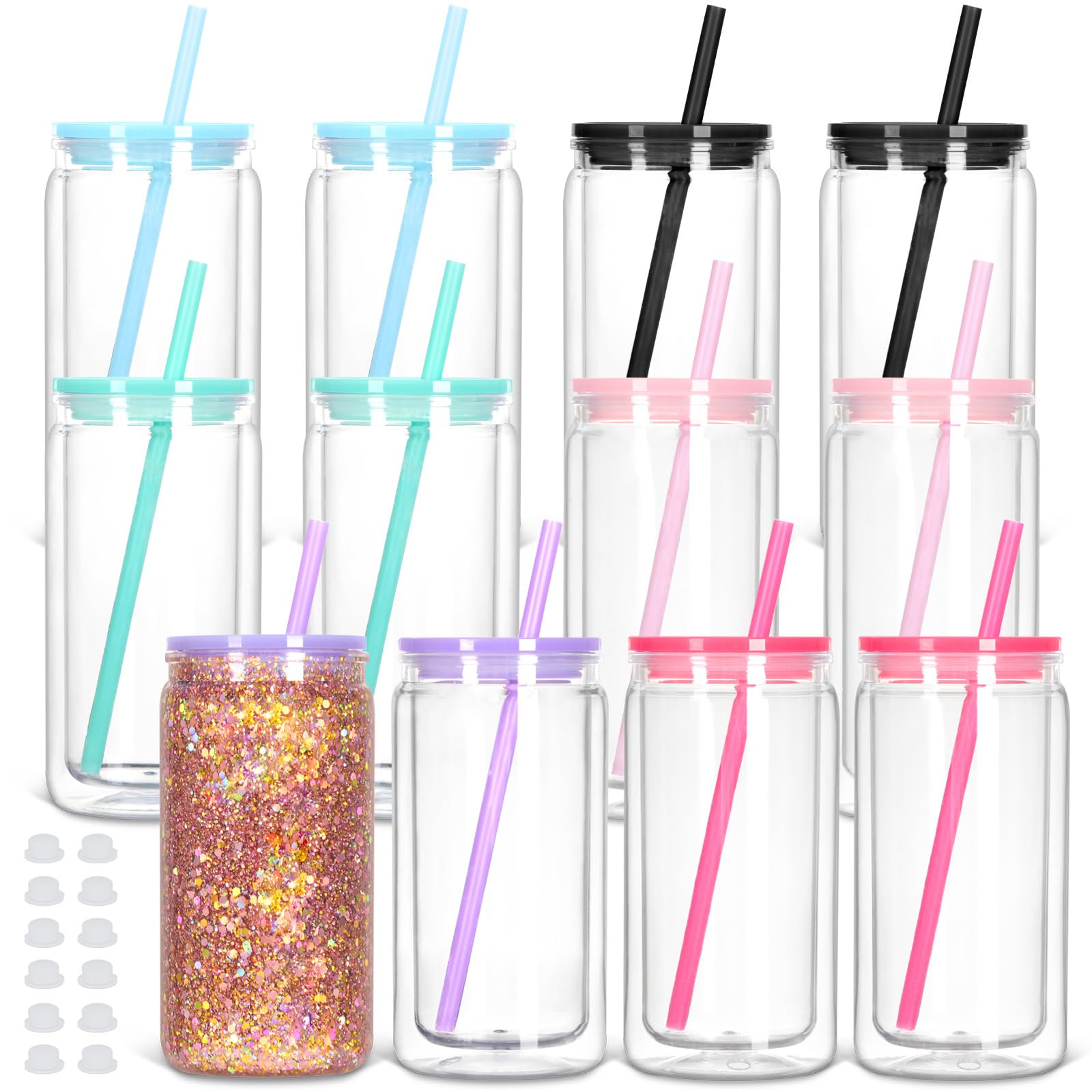 Tswofia 12 Pack Acrylic Snow Globe Tumbler with Pre Drilled Hole, 16 Oz Double Wall Plastic Can with Lid and Straw, Plastic Maso