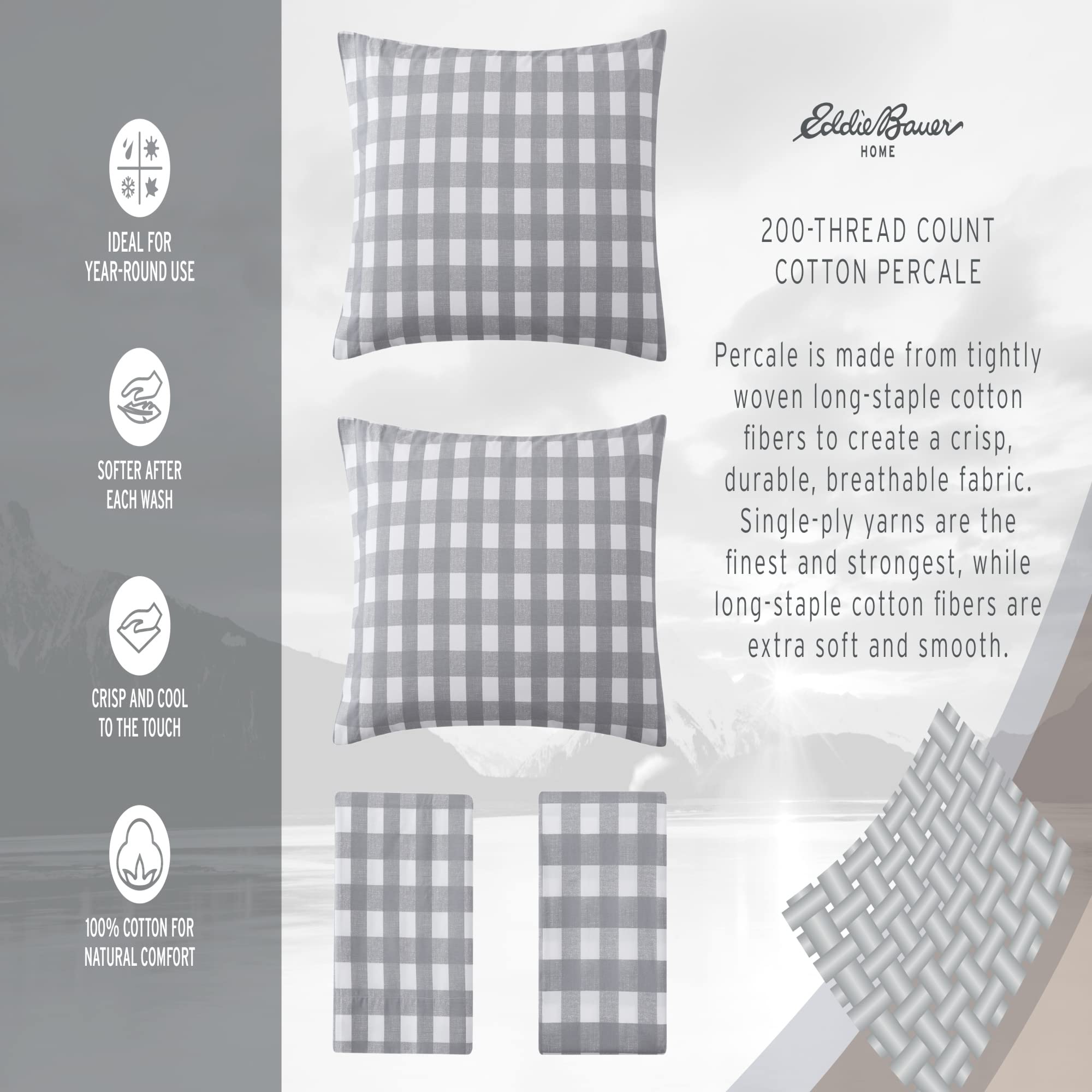 Eddie Bauer - King Sheets, Cotton Percale Bedding Set, Crisp  Cool Home Decor (Explore Lantern White, King)