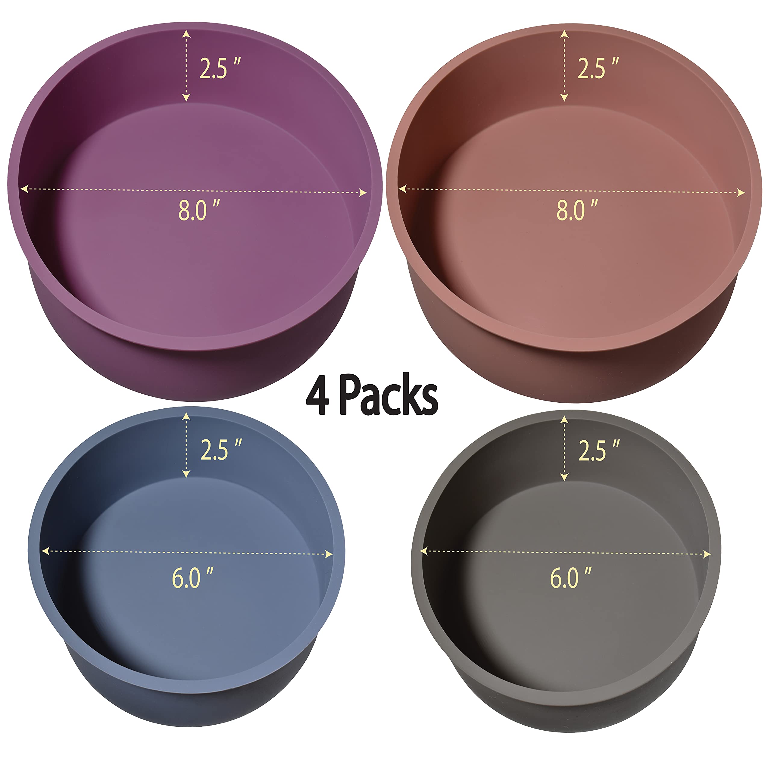 Carrot Story Round Silicone Cake Pans, Set Of 4, Non-Stick Mold For Baking (6''X2Pcs, 8''X2Pcs)