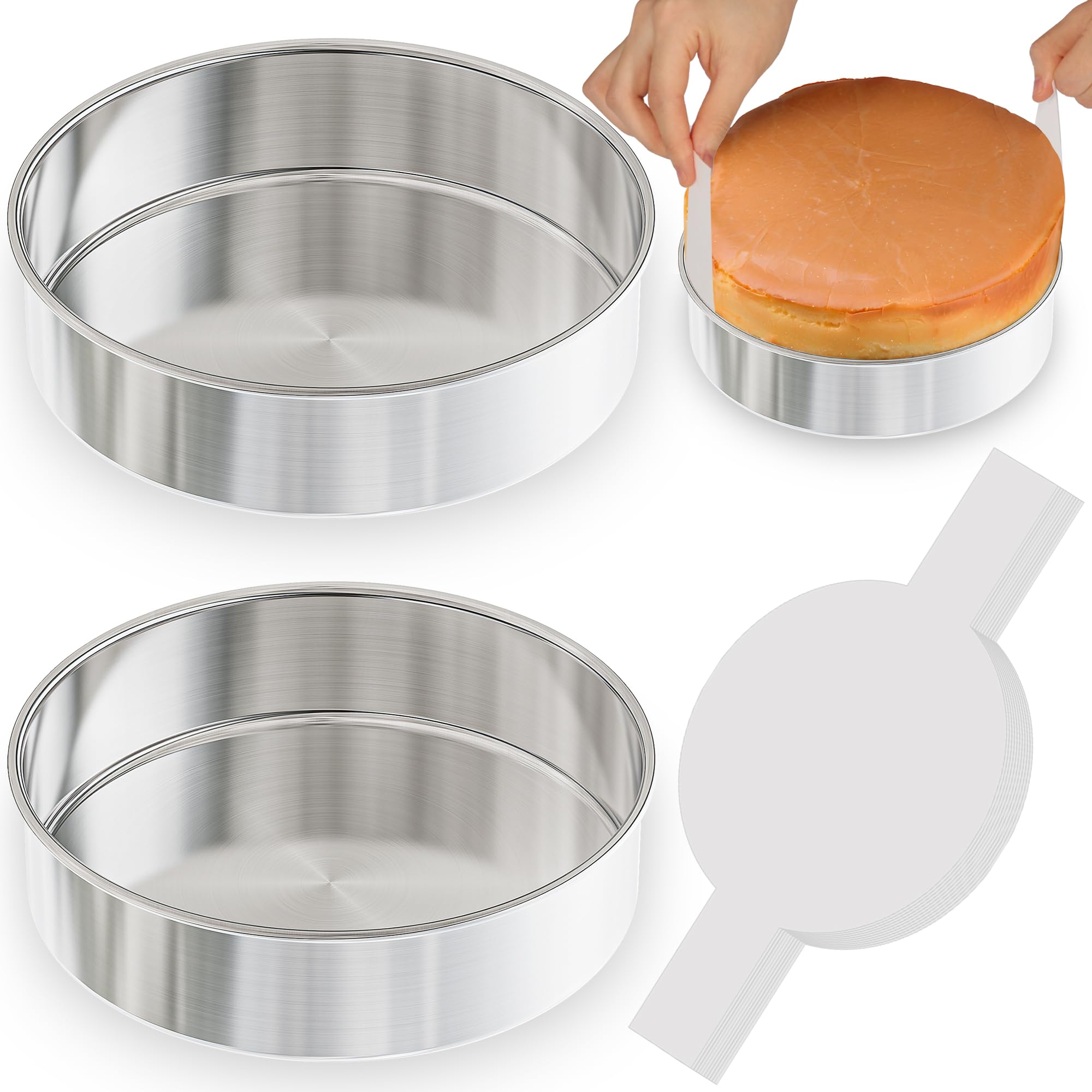 8 Inch Round Cake Pans Set of 2, Nonstick Stainless Steel Baking Pans Set with 100PCS Parchment Papers, Durable Birthday Christm