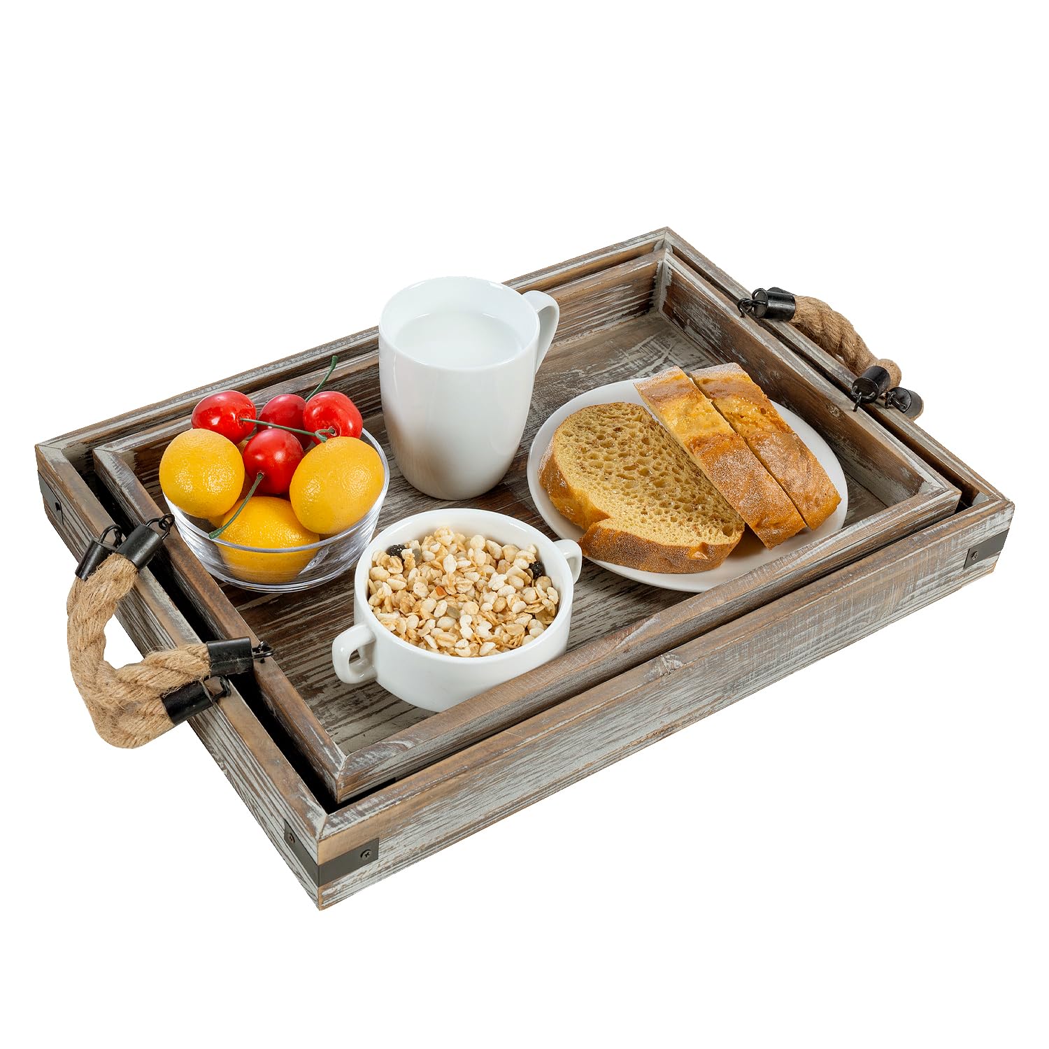 Mygift 2 Piece Set Rustic Torched Wood And Black Metal Decorative Nesting Serving Trays With Rope Handles For Breakfast In Bed,
