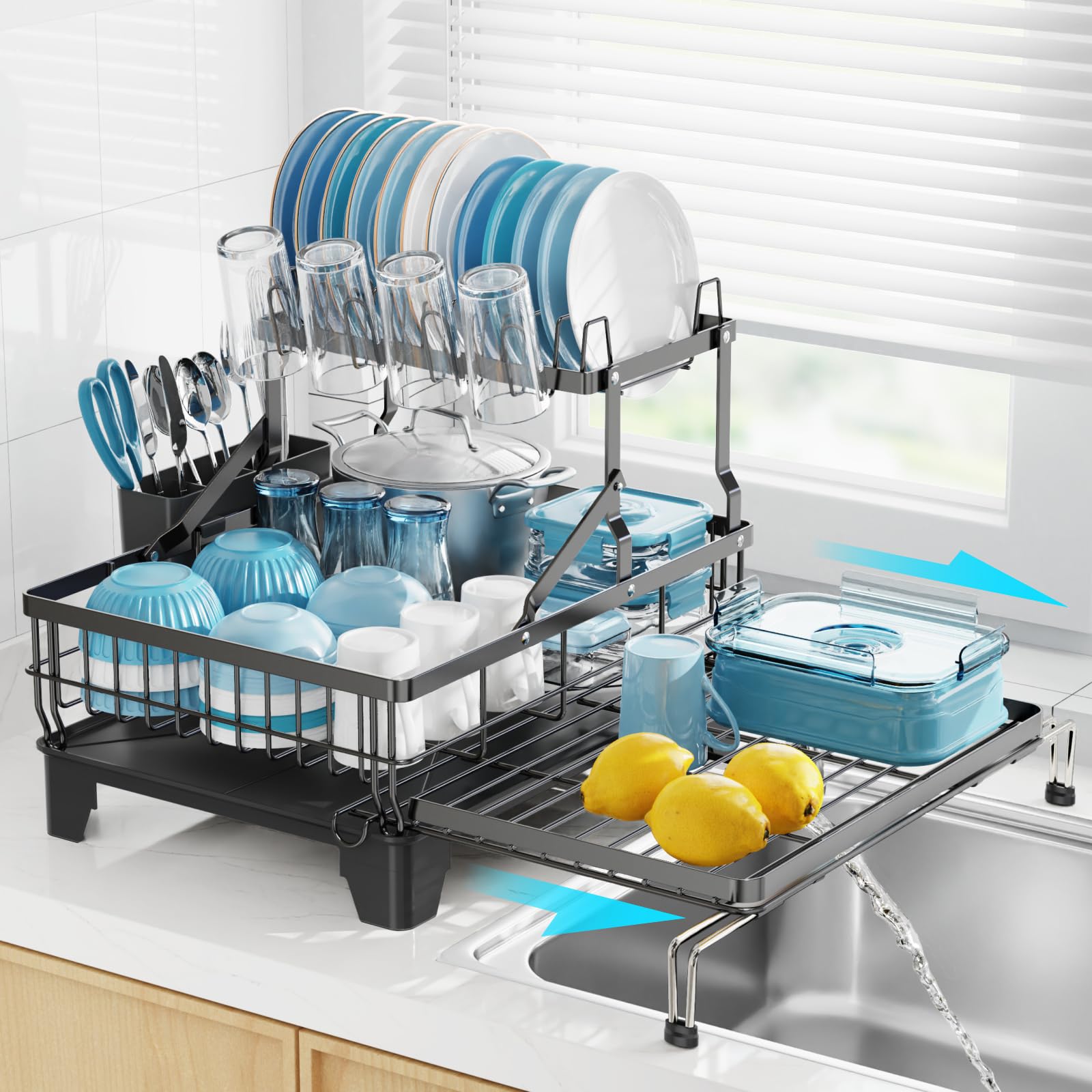 GSlife Large 2 Tier Dish Drying Rack, Expandable Heavy-Duty Dish Rack for Kitchen Counter, Rust-Resistant Dish Drainer with Uten