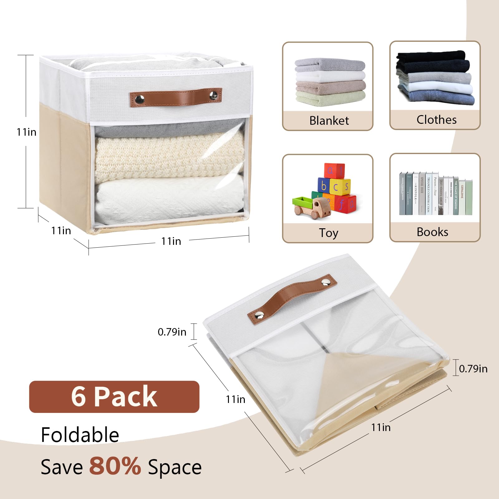 Hnzige 11 Inch Cube Storage Bins For Storage Shelves,Foldable Fabric Storage Cubes Bins, Clear Bins For Cube Storage, Cubby Canv