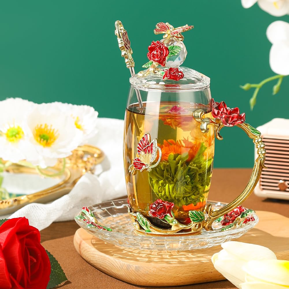 Lantree Fancy Glass Tea Cup With Lid Saucer Spoon Flower Coffee Mug Unique Birthday Gift For Friend Female Mother-In-Low Daughte