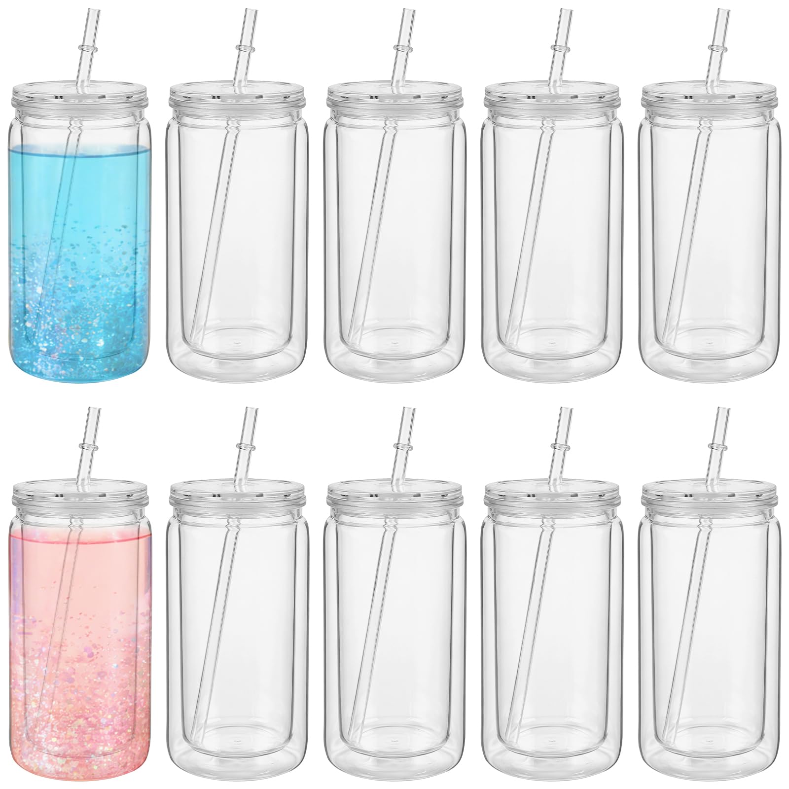 YAUFWUA 10 Pack 16oz Plastic Snow Globe Tumbler, Pre Drilled Double Wall Tumblers with Clear Lid and Straws Clear Snow Globe Cup