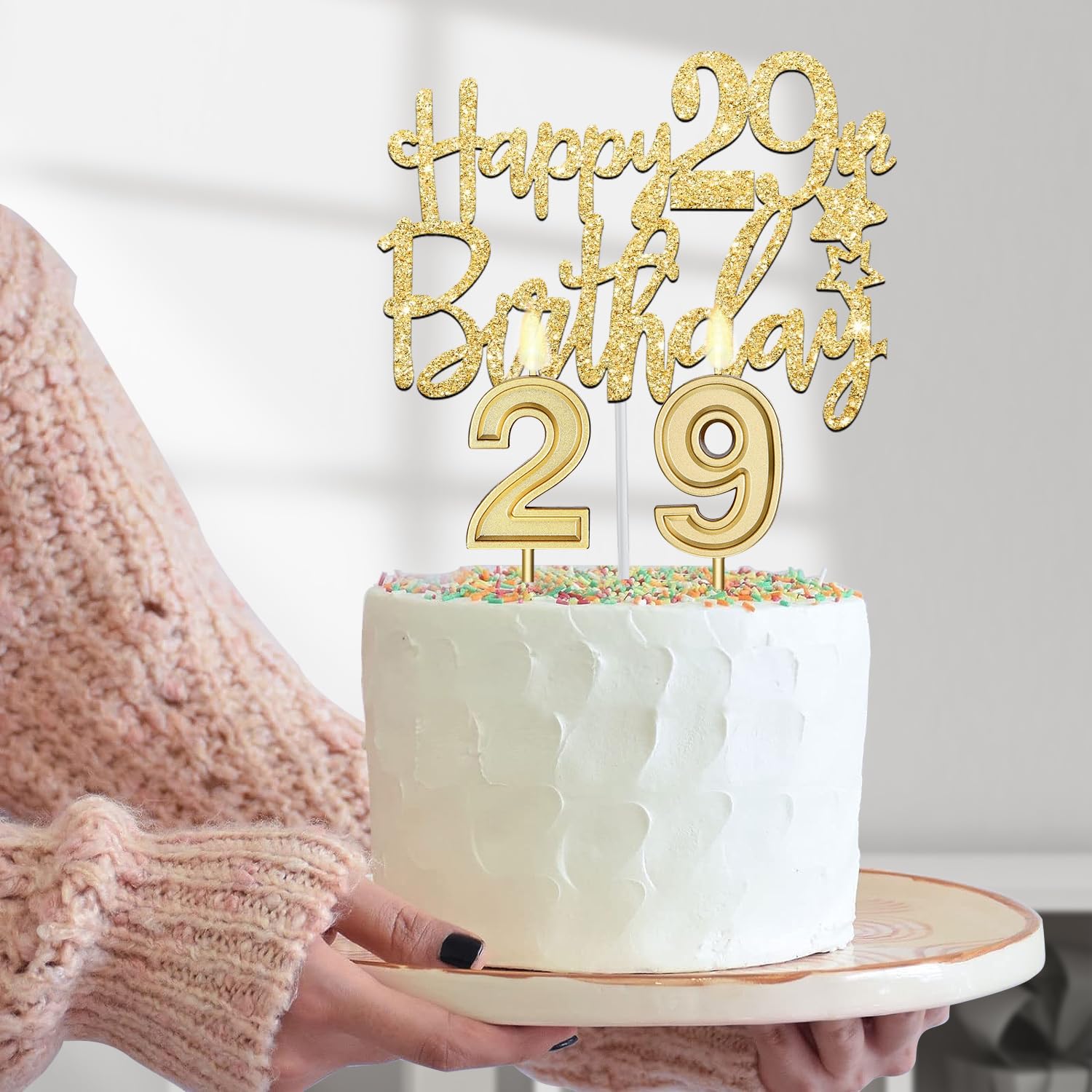 29th Birthday Decorations for Women Gold with 29th Birthday Tiara and Sash, Cake Topper and Candles, Number Balloons, 29 Year Ol