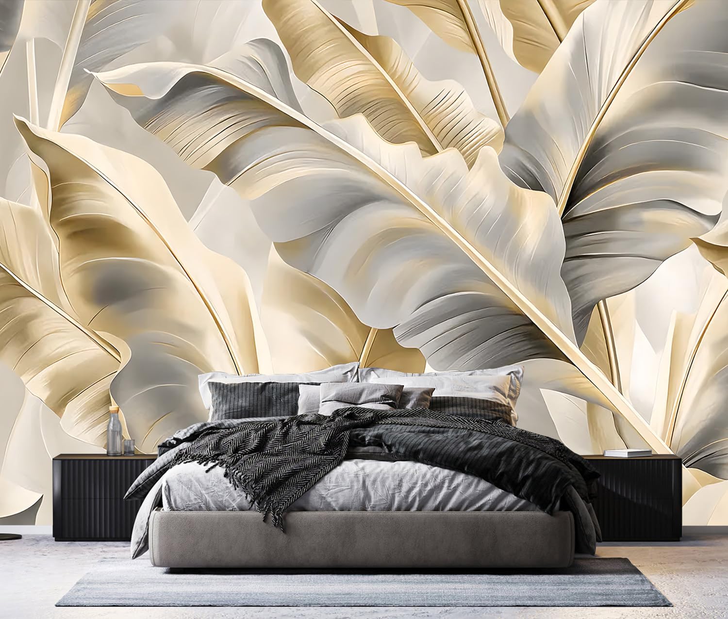 PYFFYP- Golden Banana Leaf Peel and Stick Wallpaper murals for Bedroom