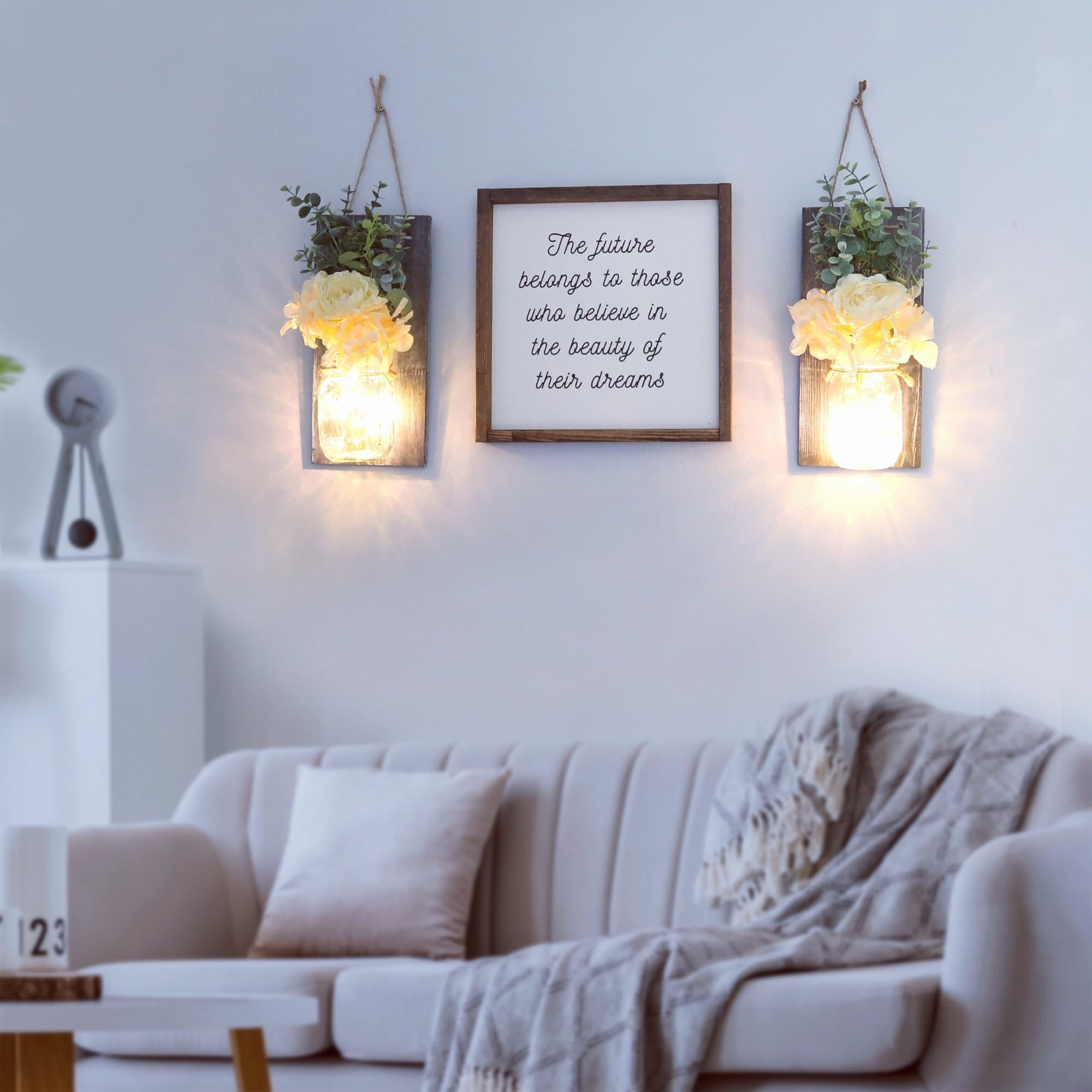 Besuerte Mason Jar Wall Sconces With Remote Farmhouse Wood Wall Art Decor For Home Living Room Bedroom Decorations With Rose Bou
