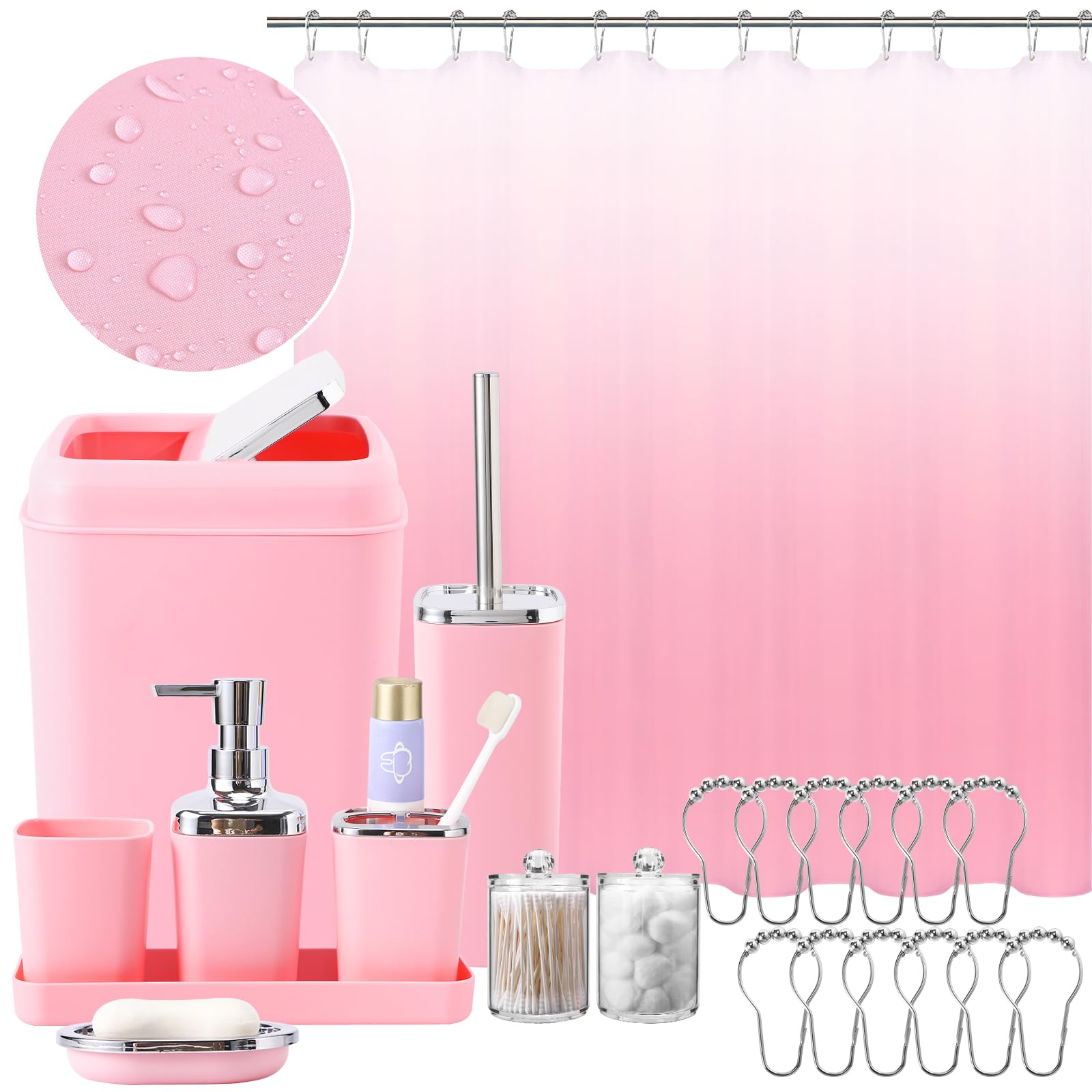 Bathroom Accessory Set - Bathroom Sets With Shower Curtain, Pink Ombre Waterproof Shower Curtain With Stainless Steel Hooks, Bat