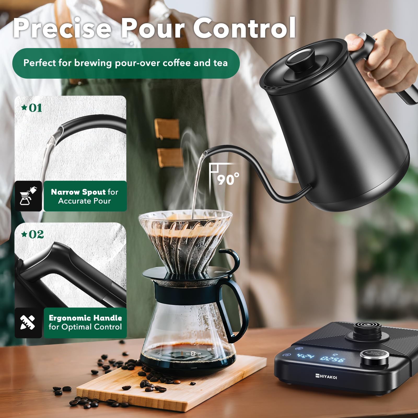 HIYAKOI Electric Kettle, Gooseneck with Temperature Control, 0.8L Stainless Steel, Black, Model KFJ-D10Z1, Quick Heating, Keep Warm