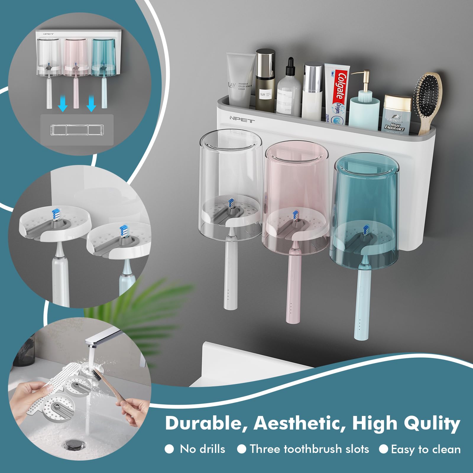 Npet Toothbrush Holder For Bathroom,3 Cups Toothbrush Holder Set Wall Mounted, Ideal Bathroom Accessories Organization