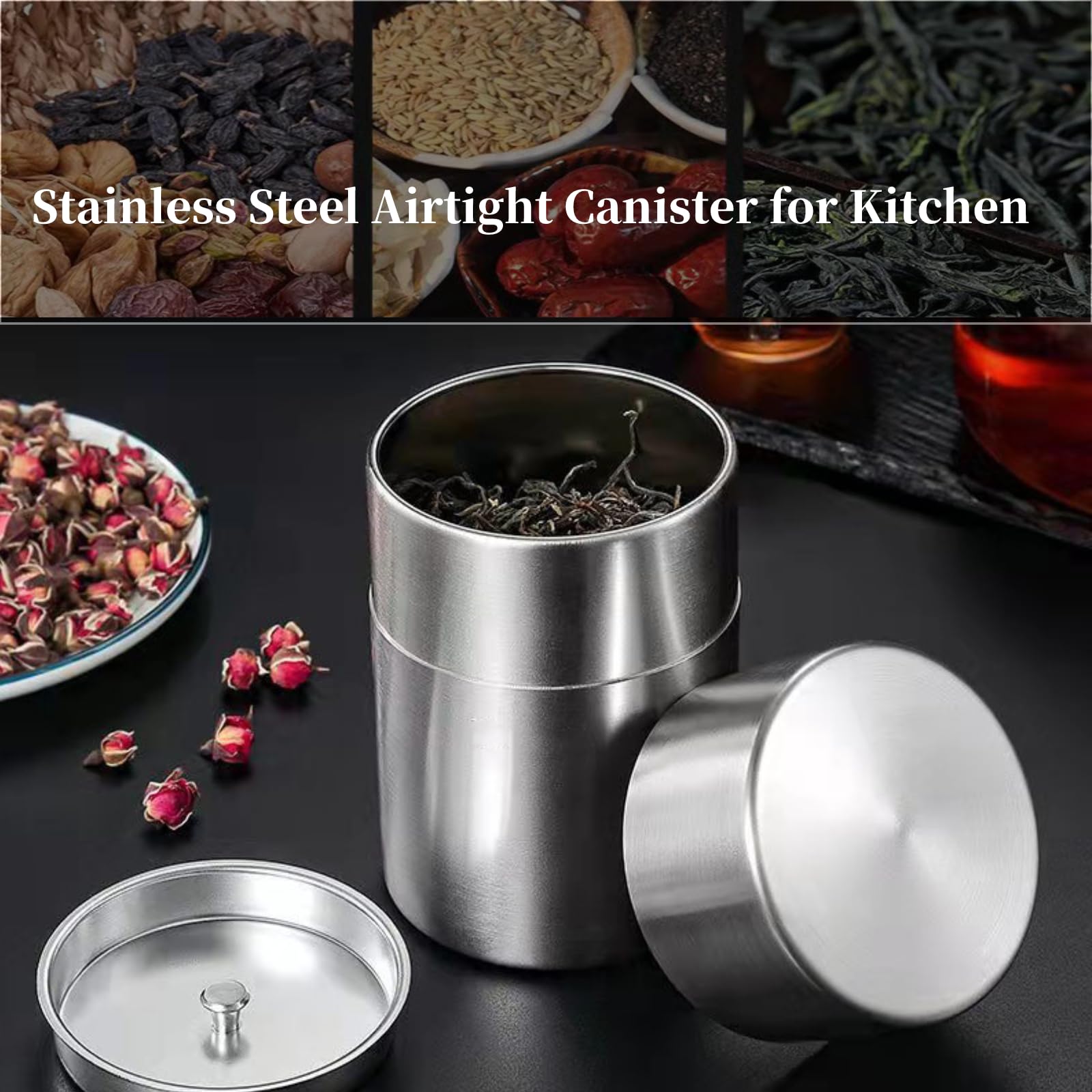 Aunmas Tea Tin Canister, Stainless Steel Tea Coffee Sugar Storage Container With Airtight Double Lids For Loose Tea And Tea Bags