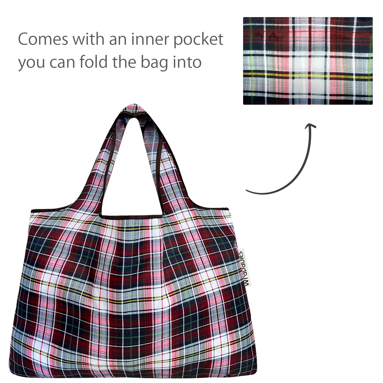 Allydrew Large & Small Foldable Tote Nylon Reusable Grocery Bags, Set Of 2, Red Plaid