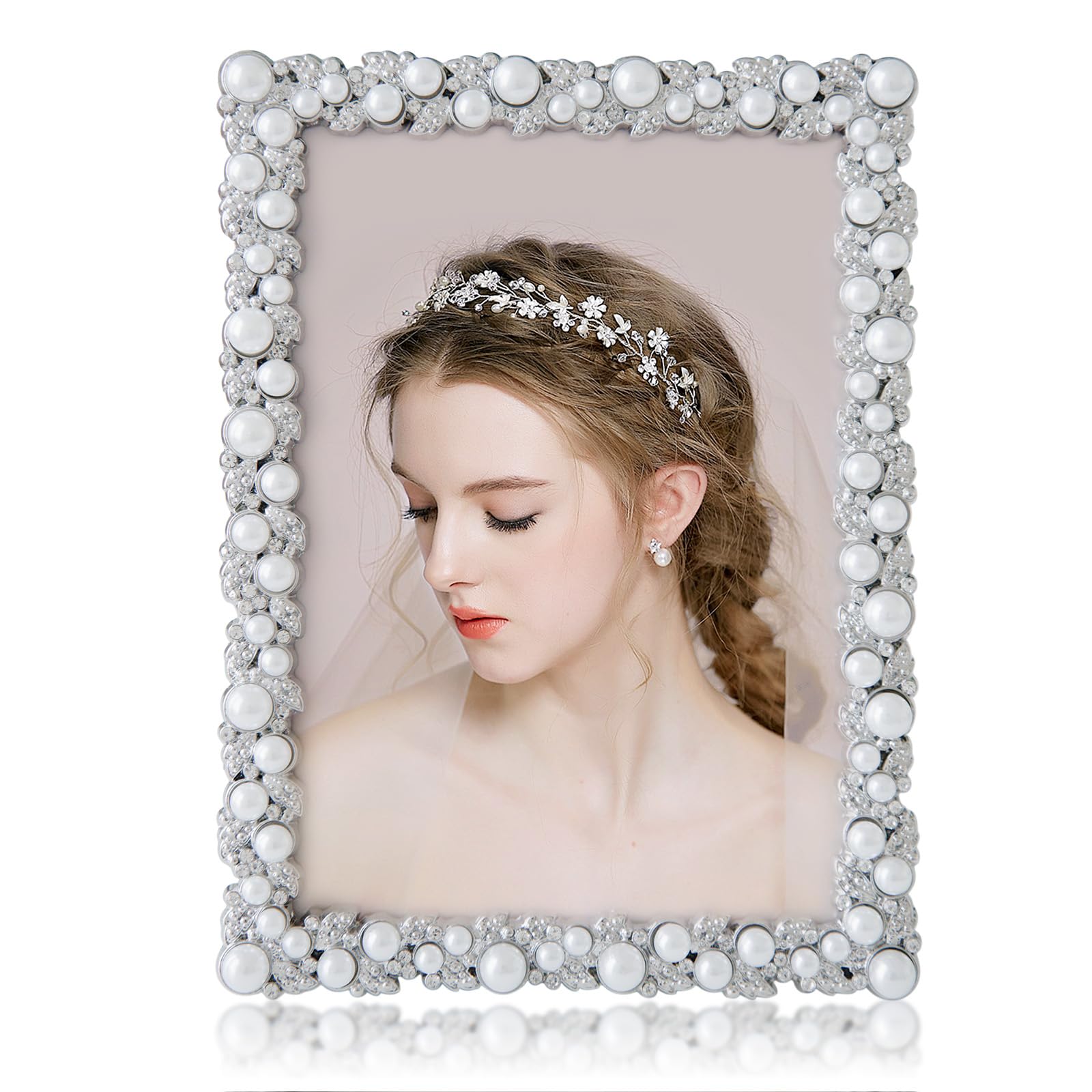 DIKAR 5x7 Picture Frame, Wedding Picture Frame for Metal Frame with Glass Front, Tabletop and Wall Art Display Pearls Diamond Ph