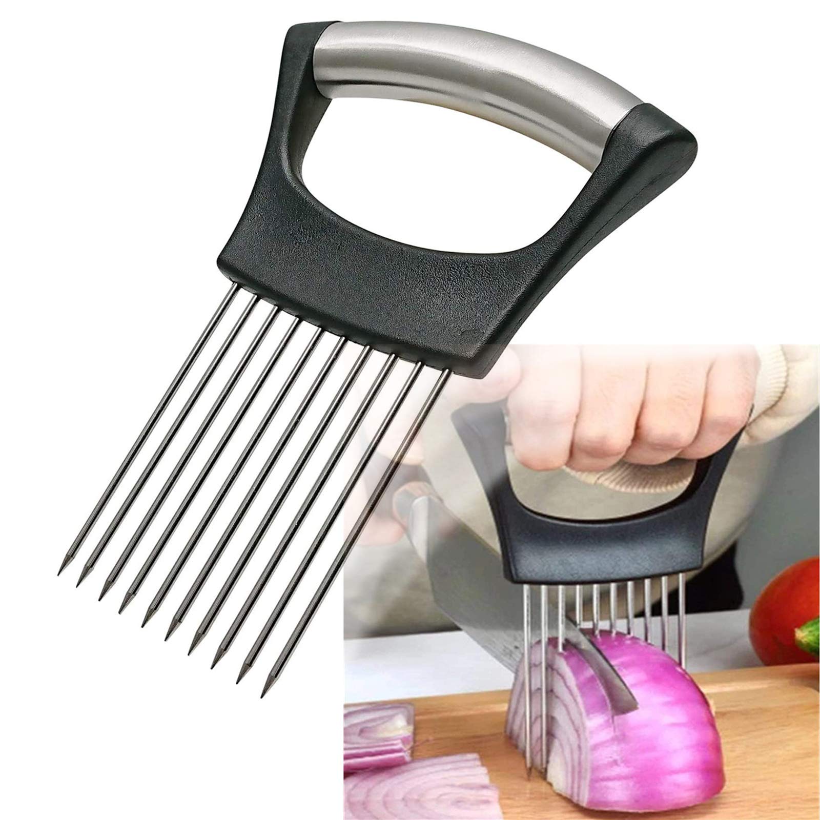 Stainless Steel Onion Holder For Slicing,Onion Cutter For Slicing And Storage Of Onions,Avocados,Eggs And Other Vegetables Black