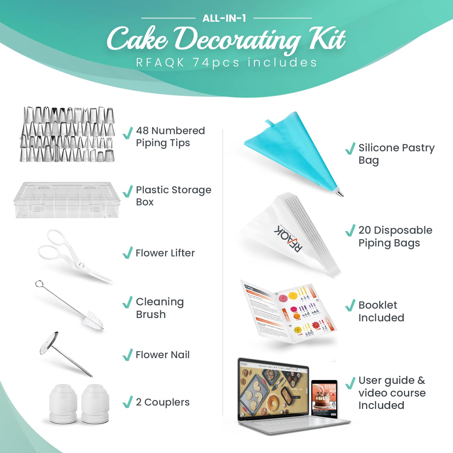 Rfaqk 74 Pcs Icing Piping Bags And Tips Set, Cake Decorating Kit With 48-Numbered Piping Tips, 20+1 Pastry Bags For Cookie Cupca