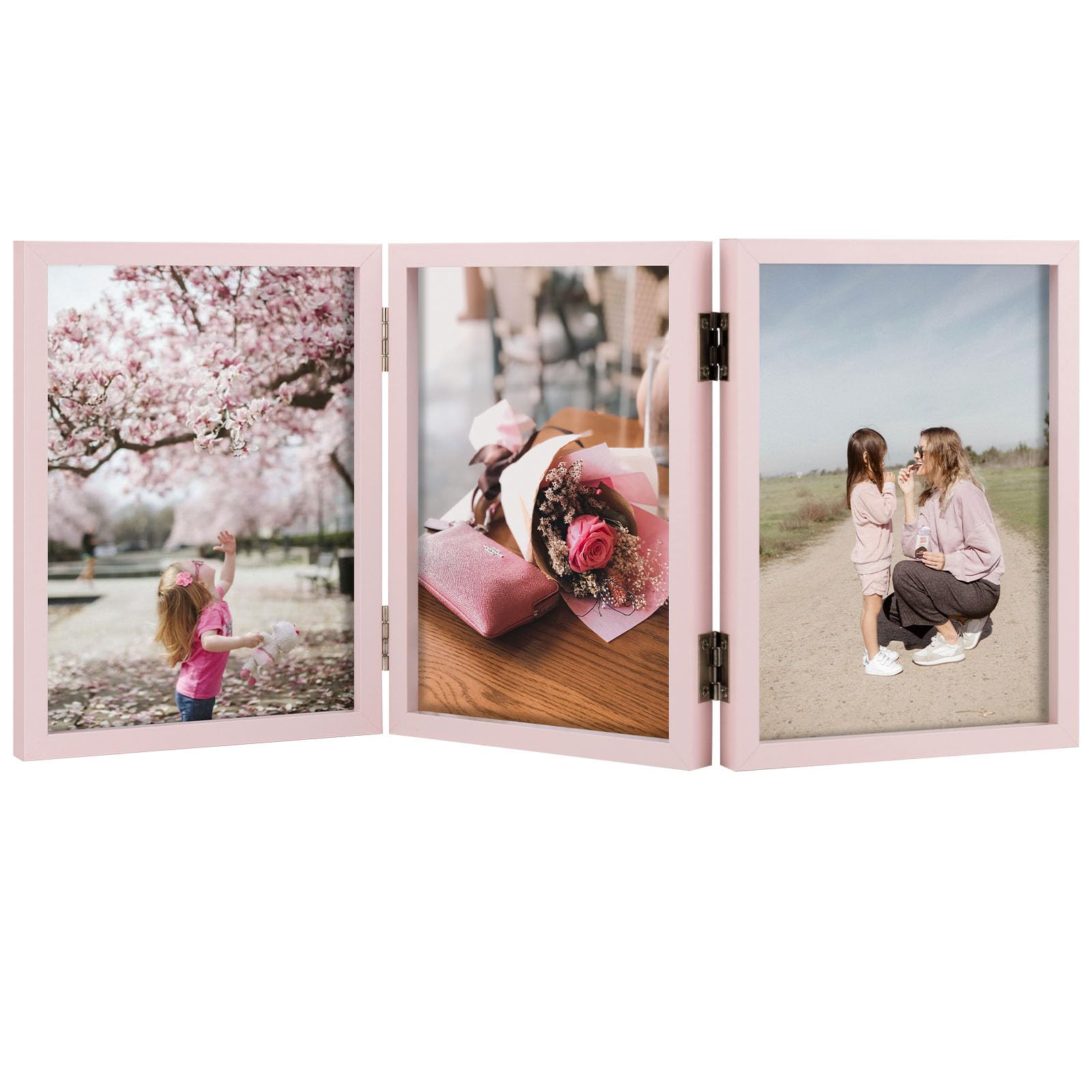 5x7 Triple Hinged Frames, 3 Folding Picture Frame, Triptych Photo Frame, Stand Vertically on Desktop or Tabletop, Pink