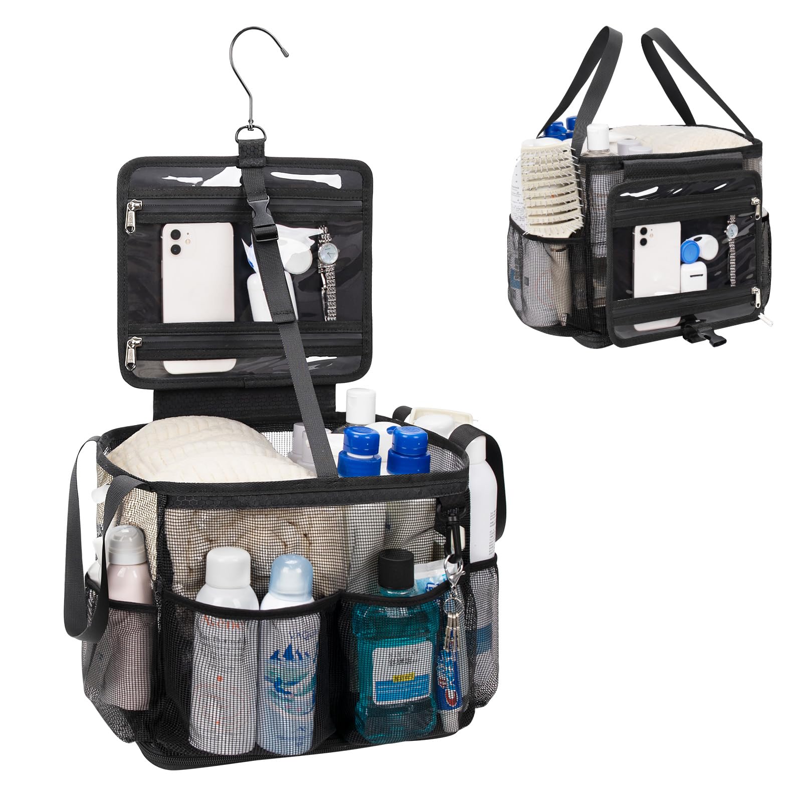 Mesh Shower Caddy Portable, Quick Dry Hanging Toiletry Bag for College Dorm Essentials with 4 Pockets/Divider/Plastic Bottom, Tr