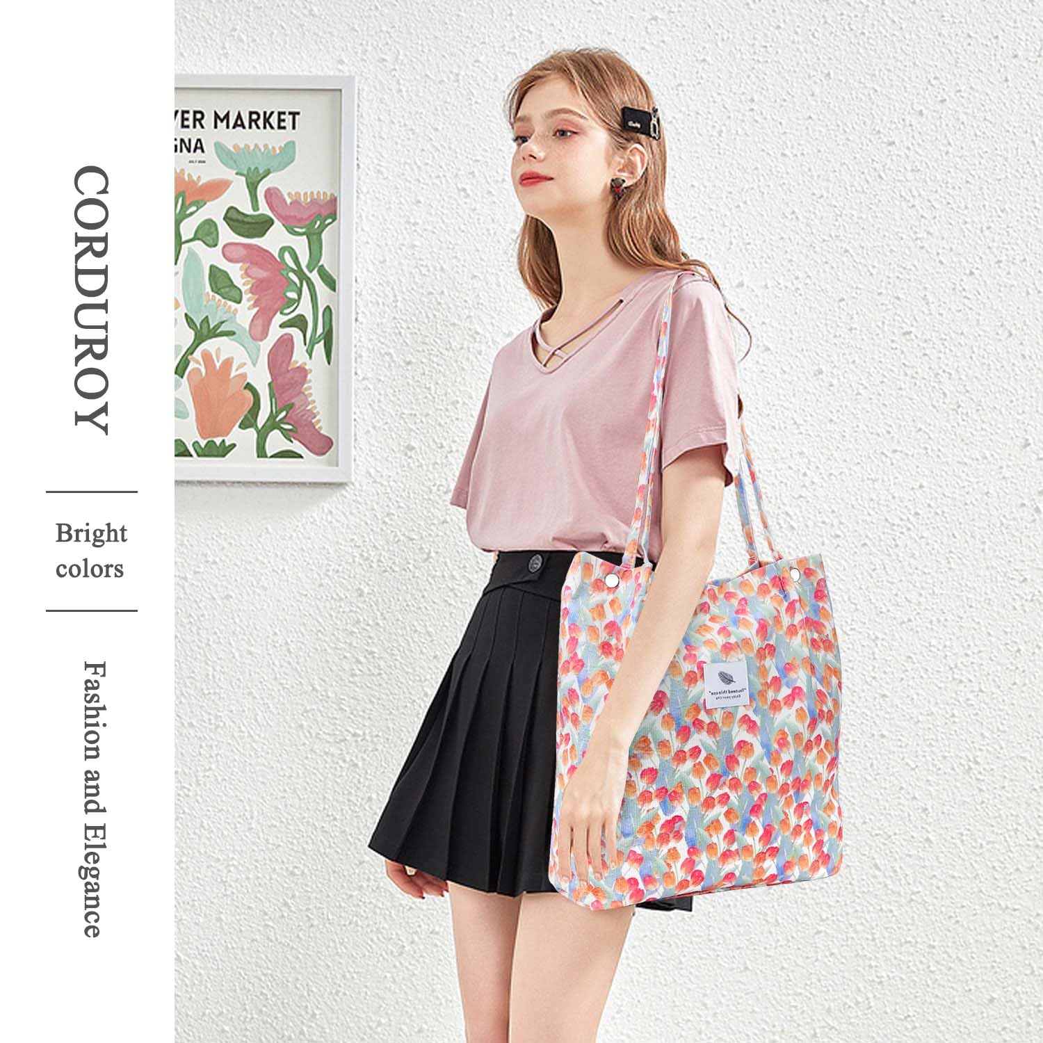 Lhmtqvk Corduroy Tote Bags For Women, Large Capacity Corduroy Bag Reusable Grocery Shoulder Bag With Inner Pockets(Tulips)