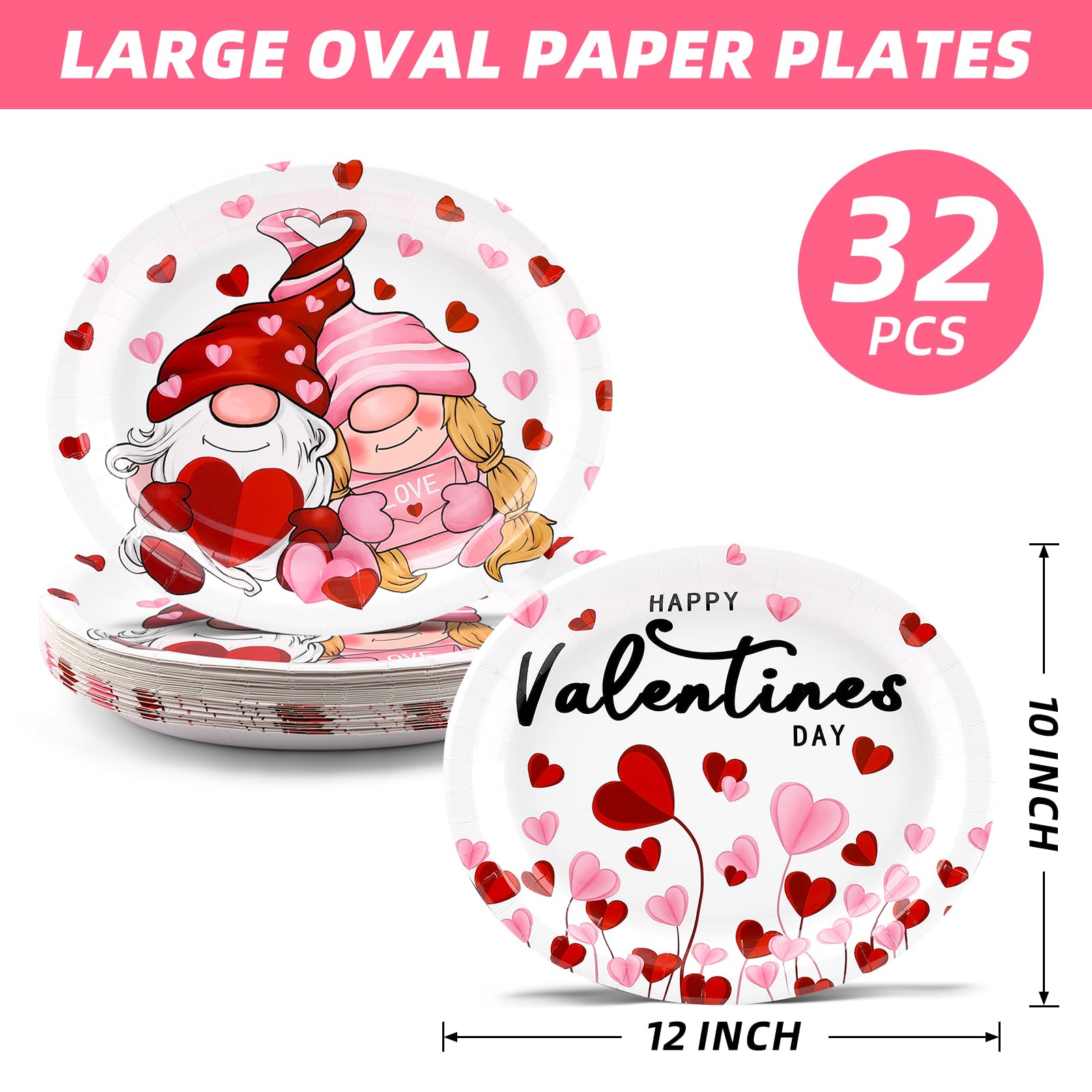 Nuolifee 32Pcs Valentines Day Oval Paper Plates -10'' X 12'' Large Disposable Heavy Duty Party Plates For Valentines Day