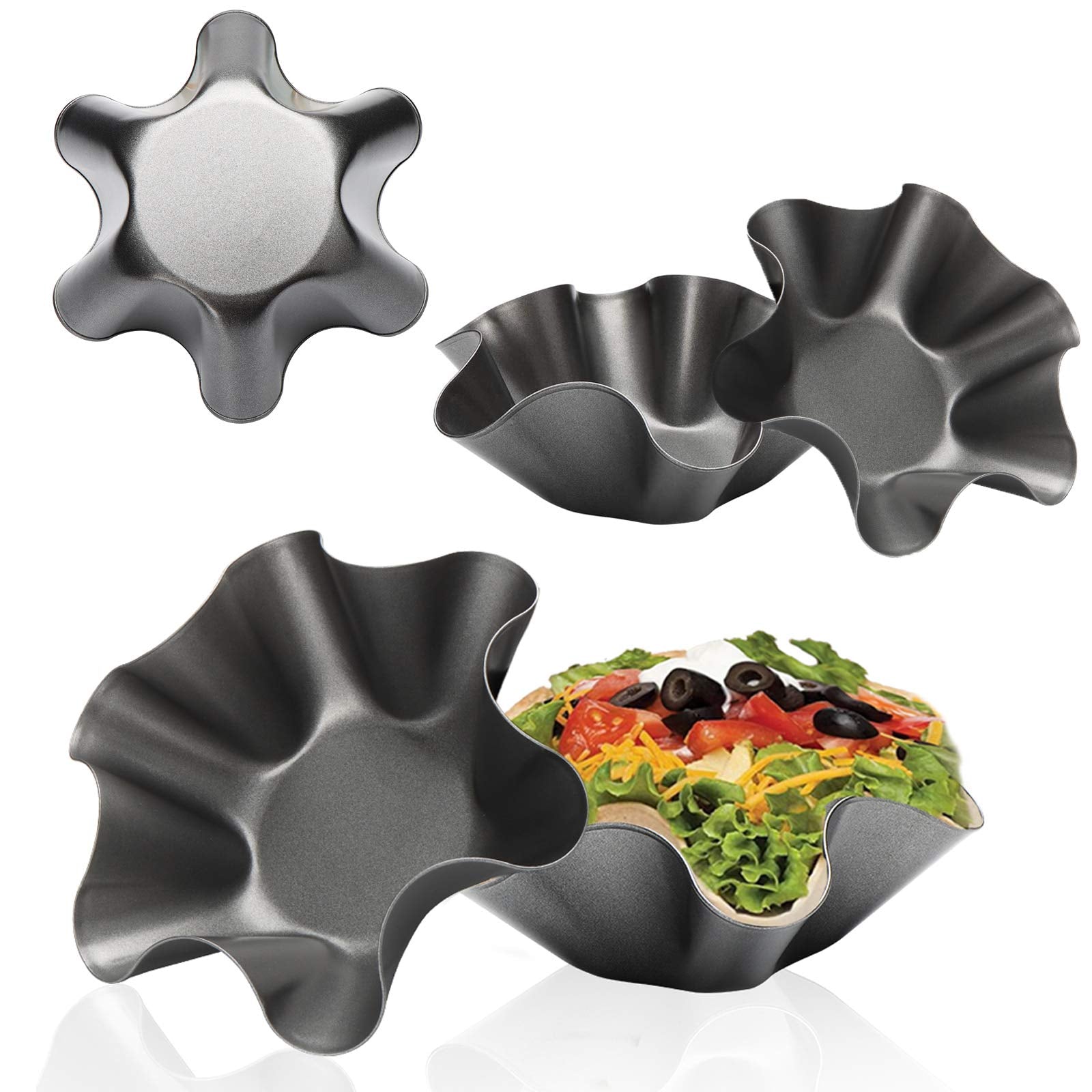 Aybloom Tortilla Pan Set - 6Pcs Non-Stick Carbon Steel Taco Salad Bowl Makers Tortilla Shell Pans (Black)