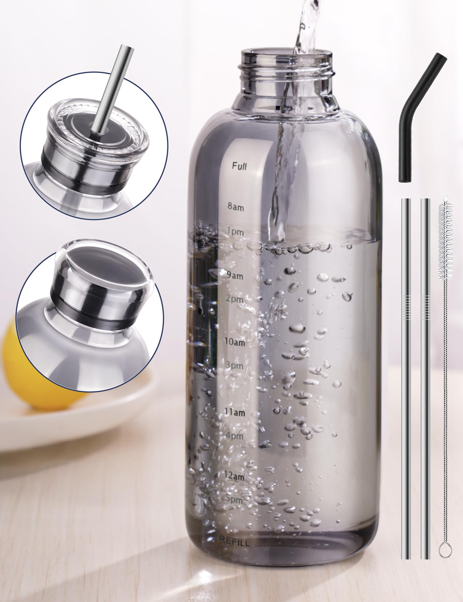 NiHome Glass Water Bottle 25oz/750ml with Two Caps, Stainless-Steel Straw, Brush and Silicone Cover, High Borosilicate Glass for
