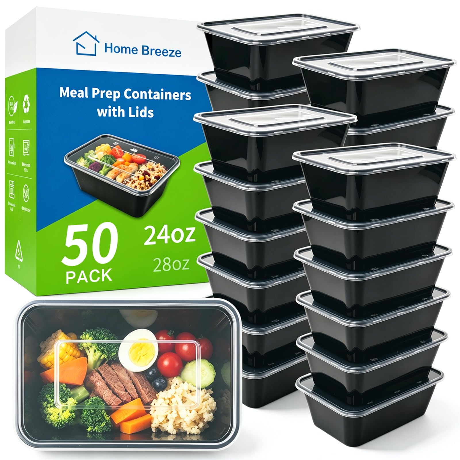 50 Pack (100Piece) 24 oz Meal Prep Containers Reusable with Lids, Sturdy Leakproof & Food Safe, Microwave, Freezer, Dishwasher 