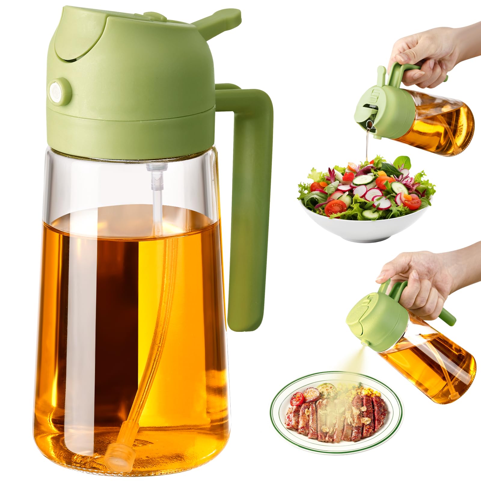 SWEET VIEW 16oz/470ml Oil Dispenser and Oil Sprayer, Glass Olive Oil Pourer for Kitchen, Air Fryer, Cooking, Salad, BBQ(Green)