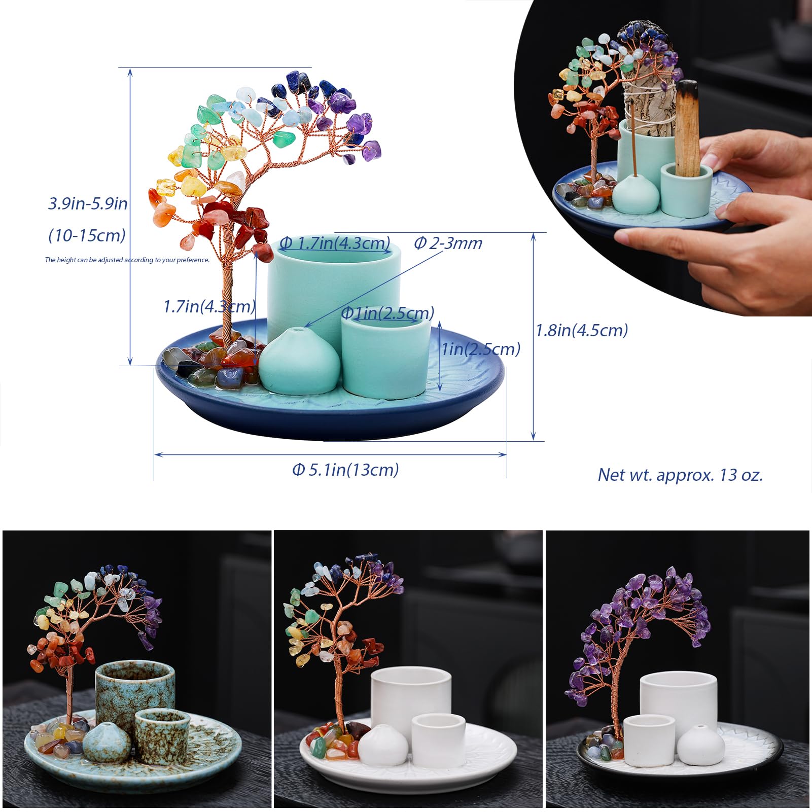 5 in 1 Incense Burner Holder with Crystal Tree for Burning Palo Santo Stick, Sage, Incense Sticks, Candle, Ceramic Tray Ash Catc