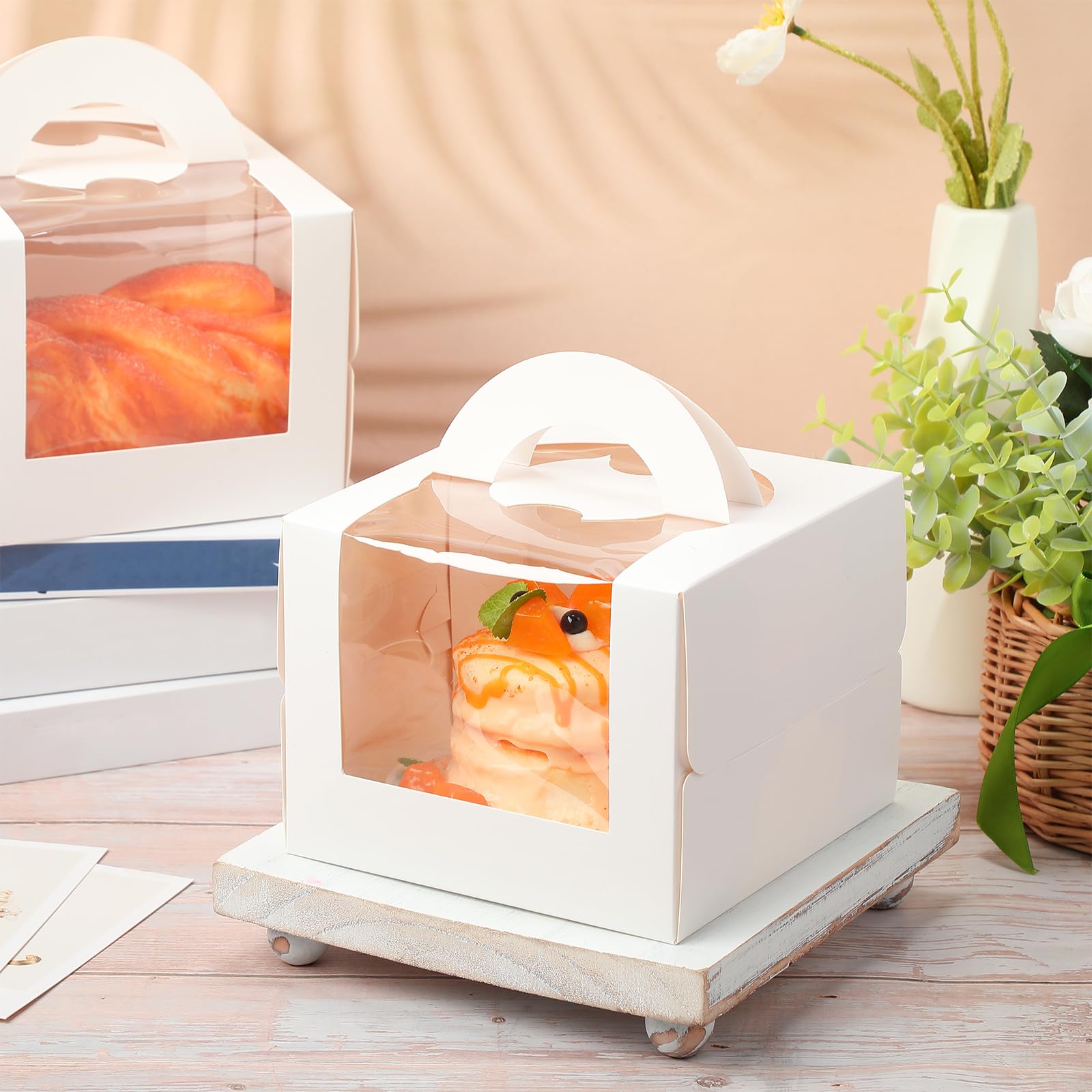 LOYIM 32 Pcs Bento Cake Boxes 6 x 6 x 5 Inch Paper Bakery Box with Board Window and Handle Cupcake Holder Carrier Gift Container