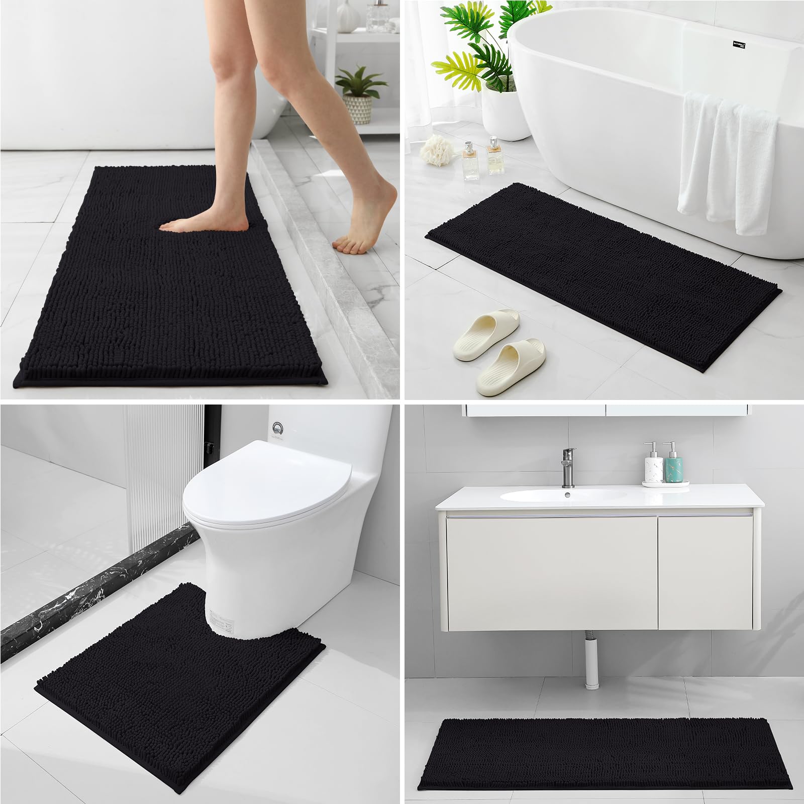 Homeideas 3 Pieces Bathroom Rugs, Extra Large Ultra Soft Non Slip Absorbent Chenille Toilet Bath Mat Set (Black)