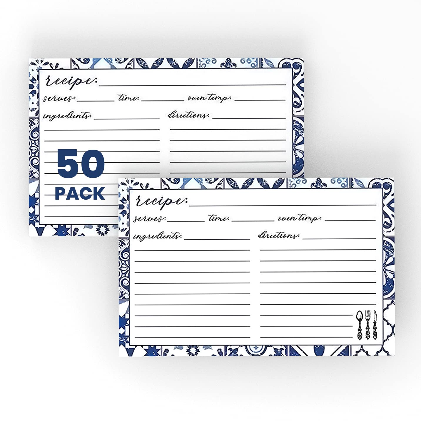 Recipe Cards 4'' X 6'' Double-Sided Premium Thick Card Stock Great Gift For Amateurs Or Experienced Chefs (Pack Of 50) (Blue)