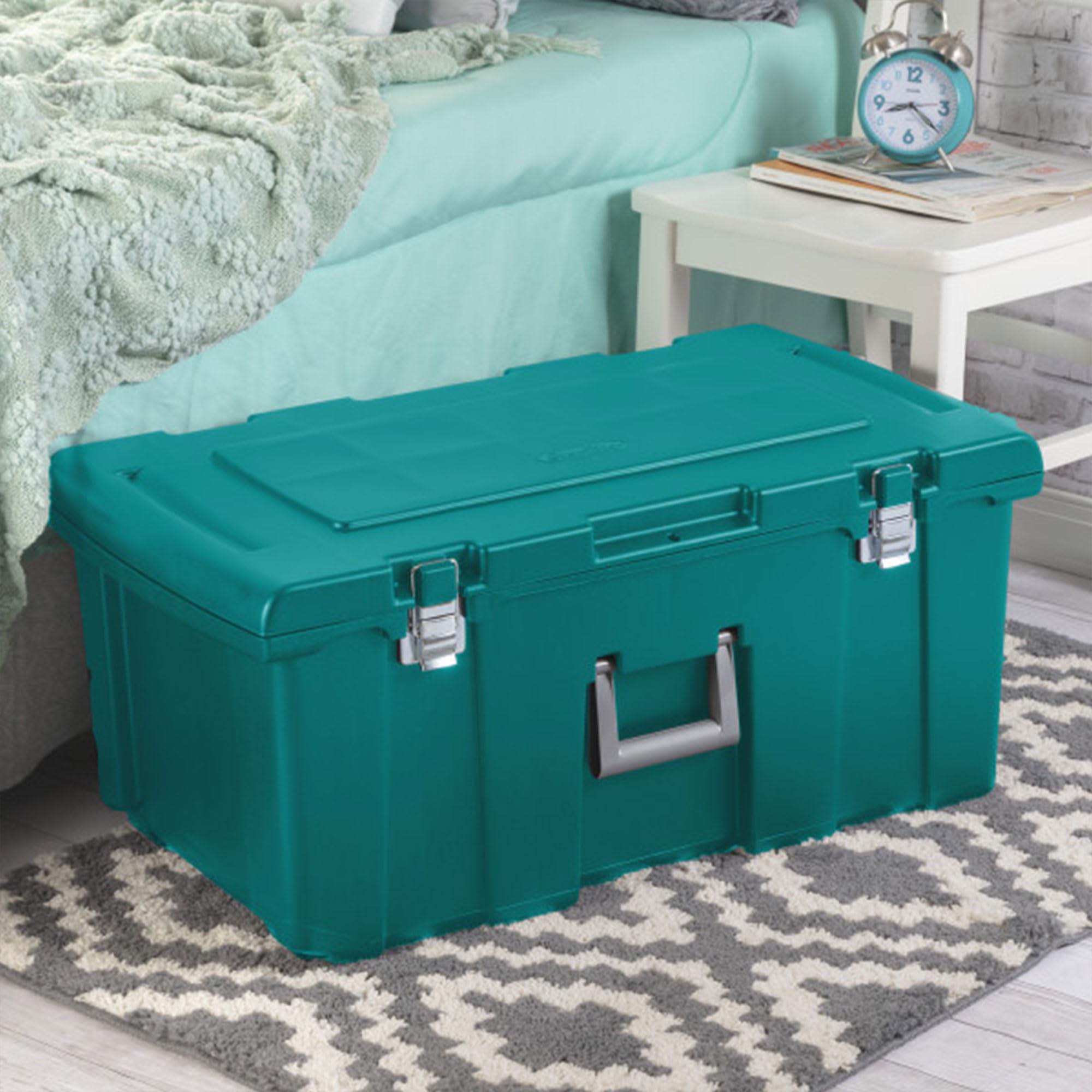 Sterilite Footlocker - Lockable Plastic Storage Container, Teal, 1 Pack, Heavy-Duty for Home, Garage, Office, Model 18425X01
