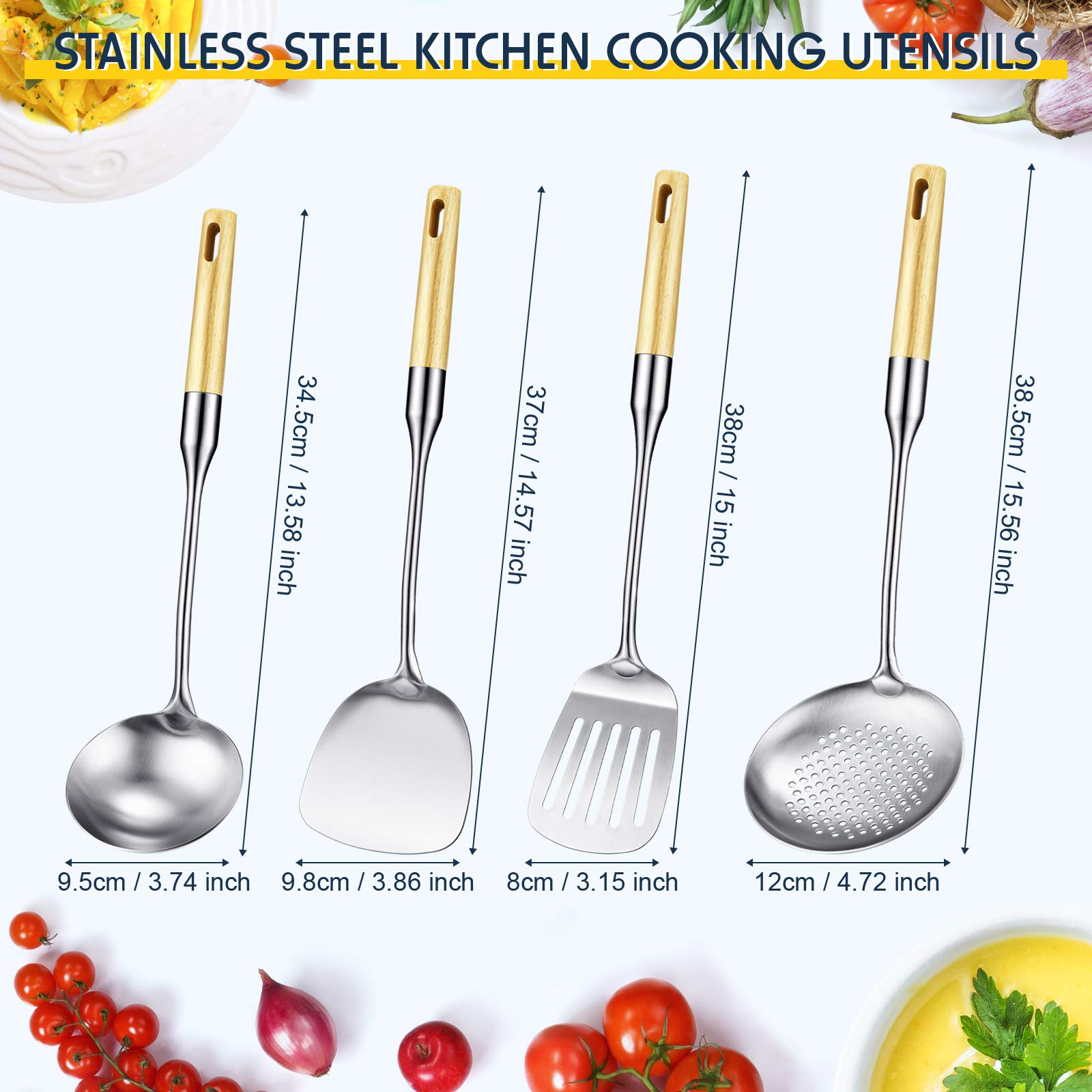 Stainless Steel Kitchen Cooking Utensils Specialty Chinese Wok Utensil Set With Skimmer Slotted Spoon, Spatula Turner, Wok Spatu