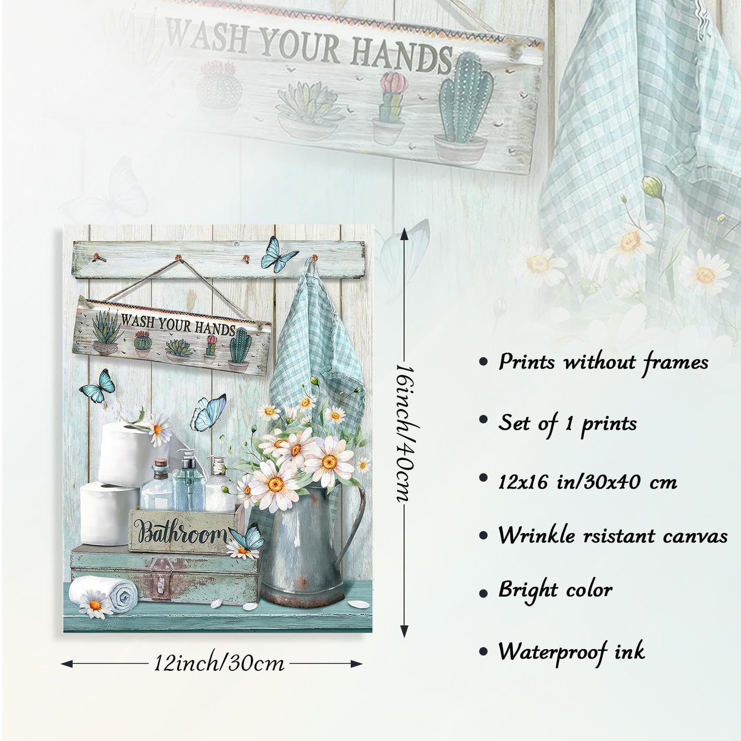 Dazzlewall Farmhouse Bathroom Decor Wall Art Rustic Teal Flower And Butterfly Pictures Wash Your Hands Sign Artwork For Bathroom