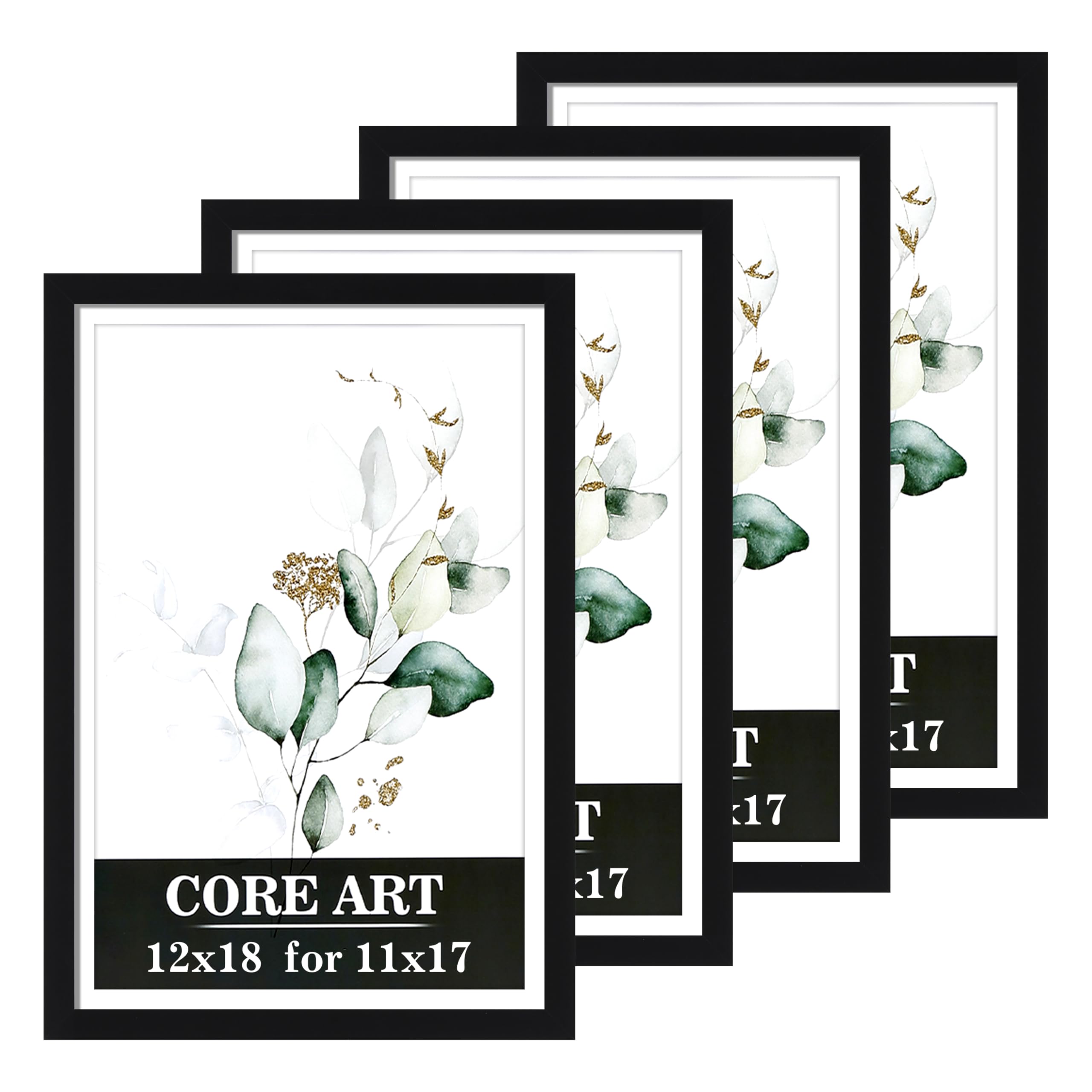CORE ART 12x18 Picture Frame Set of 4, Display Pictures 11x17 with Mat or 12 x 18 without Mat, Multi Photo Frames Collage for Wa