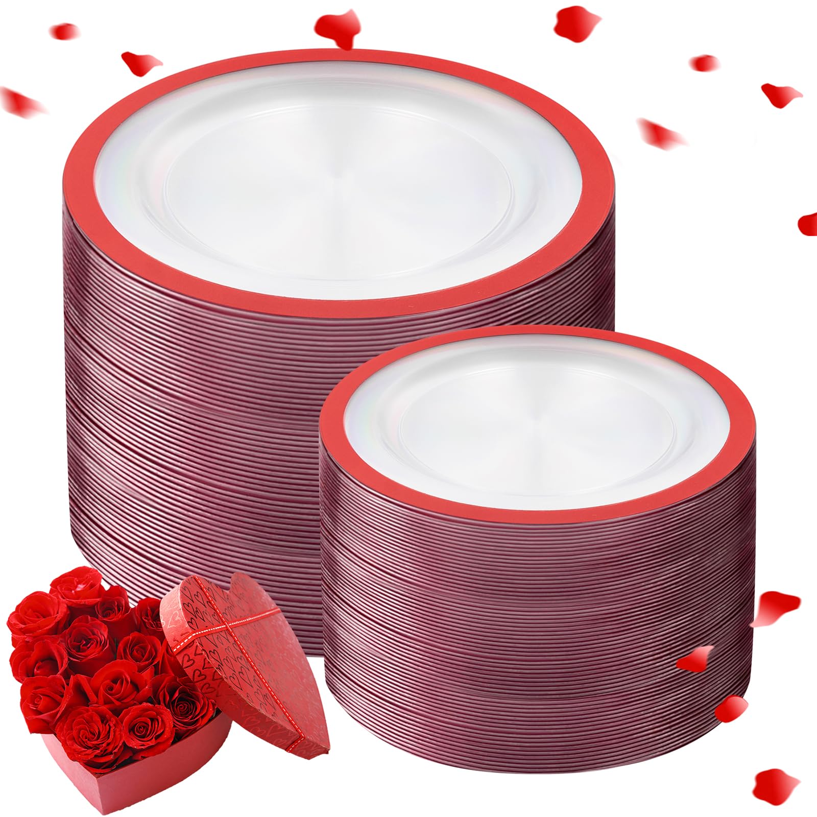 U-Qe 200Pcs Red Plastic Plates - Valentines Plates Disposable Heavy Duty - Clear Plastic Plates Include 100 10Inch Plastic Dinne