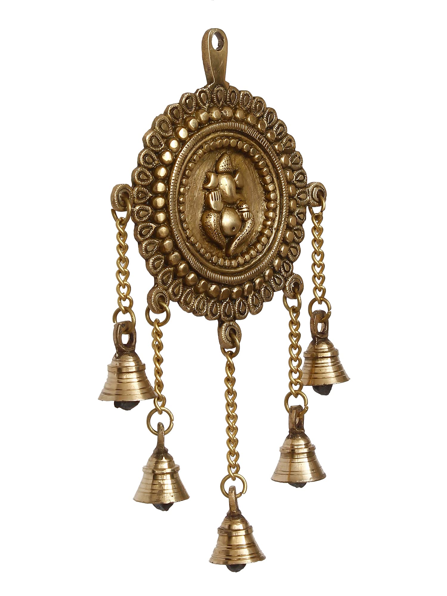 Ecraftindia Golden Brass Decorative Ganesha Wall Hanging Art With 5 Bells | Lord Ganesha Statue Decorative Showpiece For Wall De