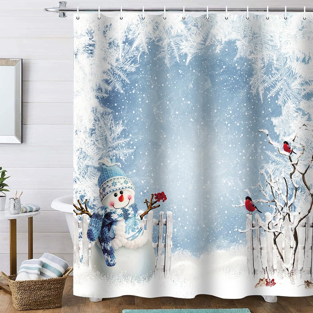 Onalasyc 4-Piece Christmas Shower Curtain Set, Winter Christmas Tree Cute Blue Snowman Holiday Merry Bathroom Set with Shower Cu