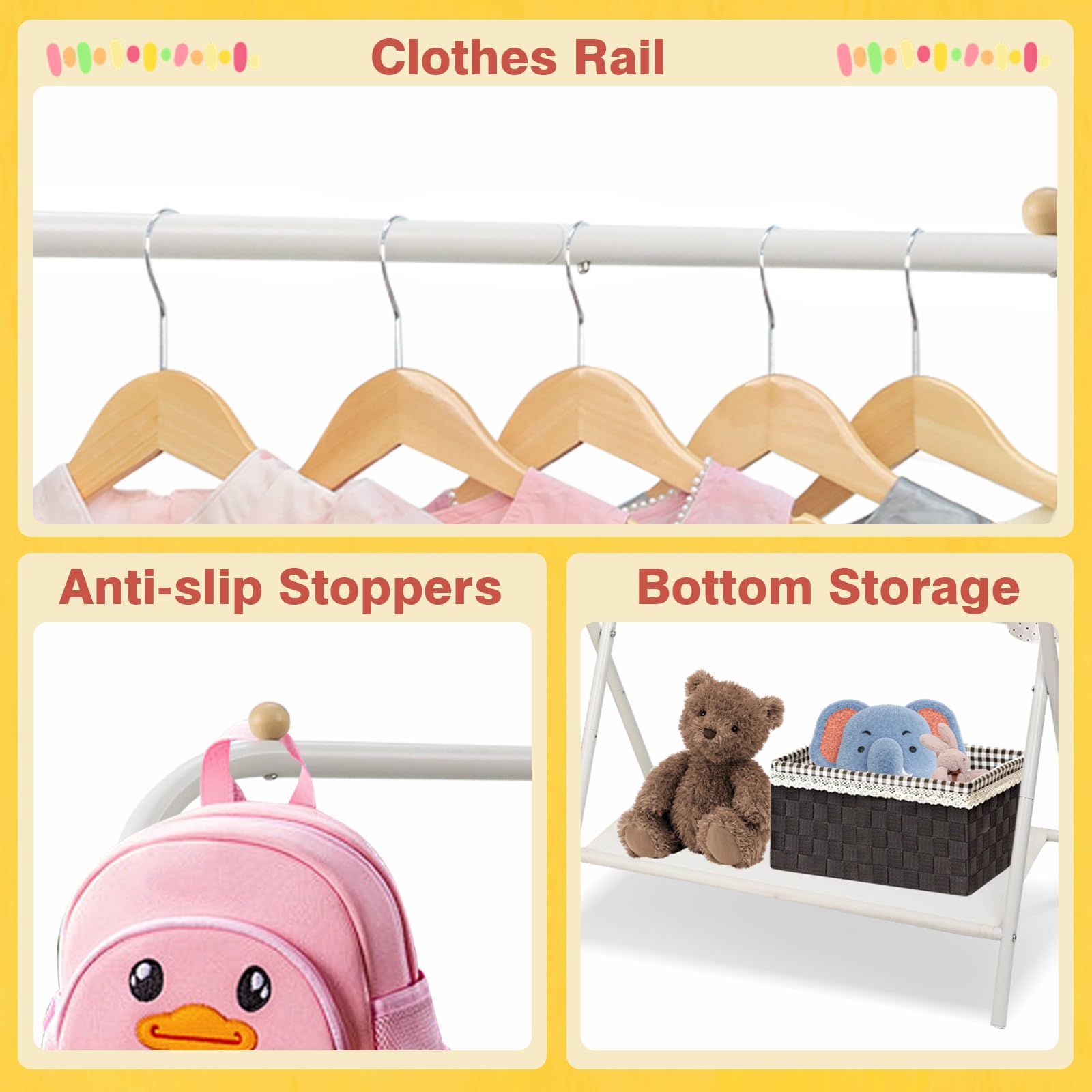 YGJT Kids Clothing Rack 2 Rods, Dress Up Storage for Little Girls with Bottom Storage Shelf, Cute Toddler Wardrobe Cloest Garmen