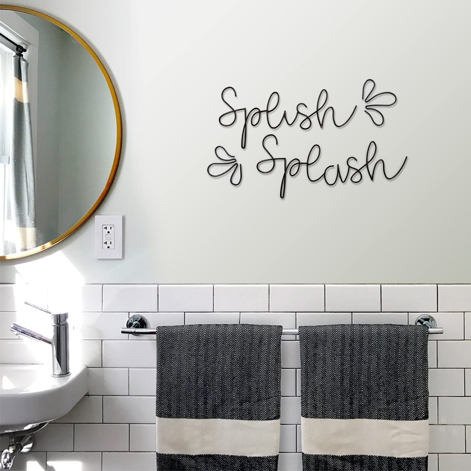Qmetalart Splish Splash Bathroom Decor Wall Art Black Metal Wire Words Funny Signs Housewarming Wedding Gift Ideas