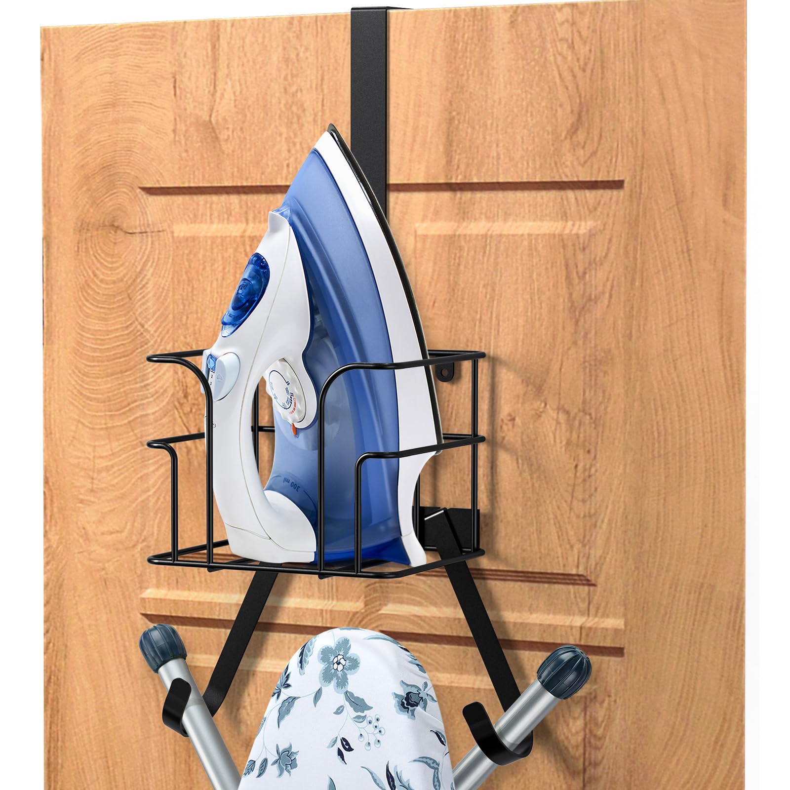 Orless Over The Door/Wall Mount Ironing Board Hanger, Laundry Room Iron And Ironing Board Caddy Storage Holder, Black