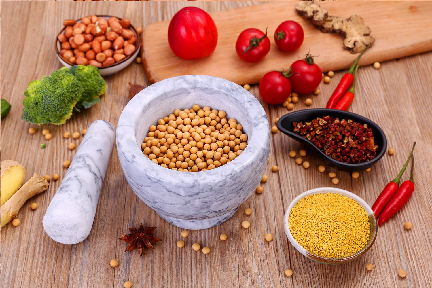 Mortar And Pestle Set, Guacamole Bowl Polished Natural Marble Stone, Grinder And Crusher, With Silicone Mat & Spoon-300Ml(Light