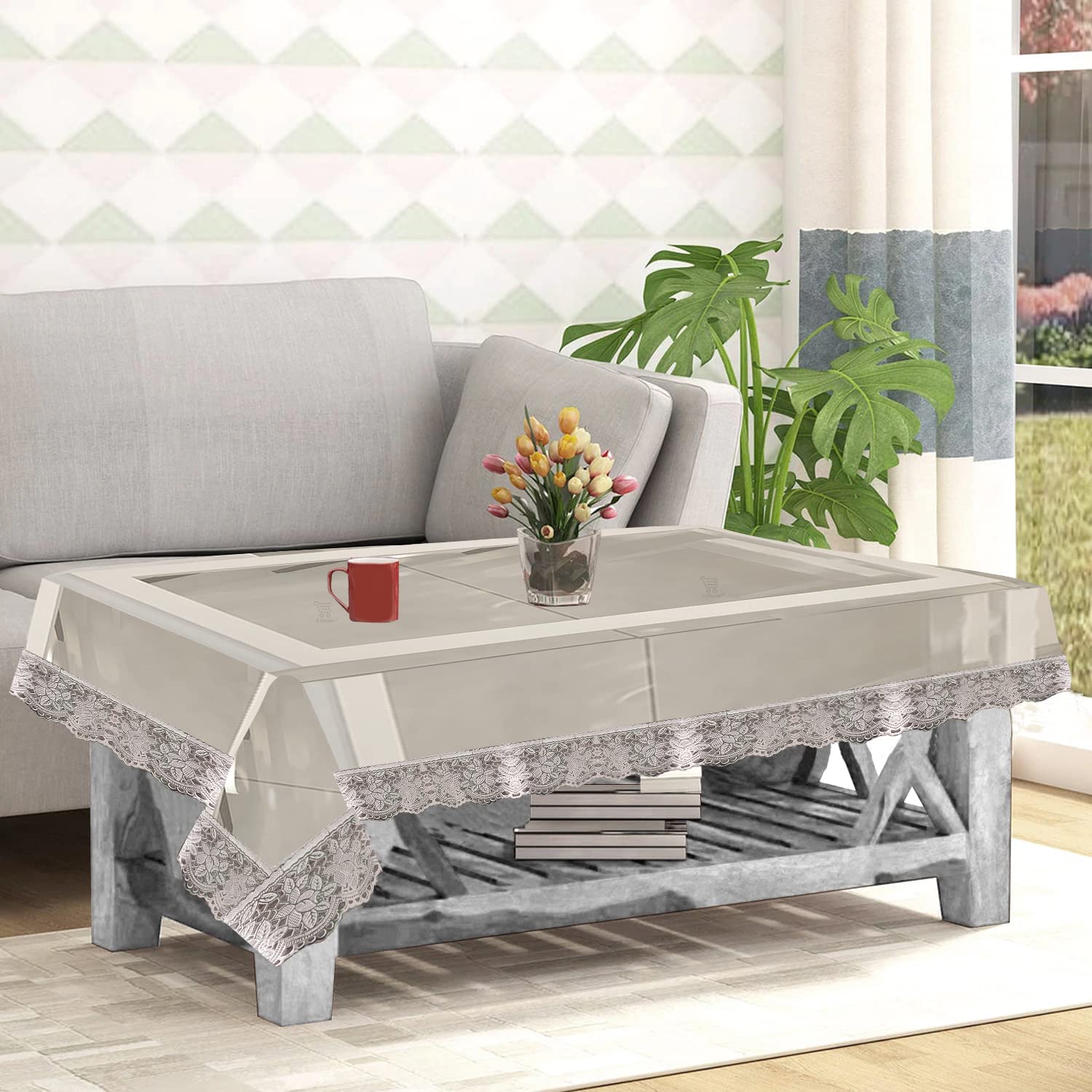 ERetailer PVC Waterproof Transparent Center Table Cover with Silver Border Lace for Rectangular Table (Color Transparent, LxW